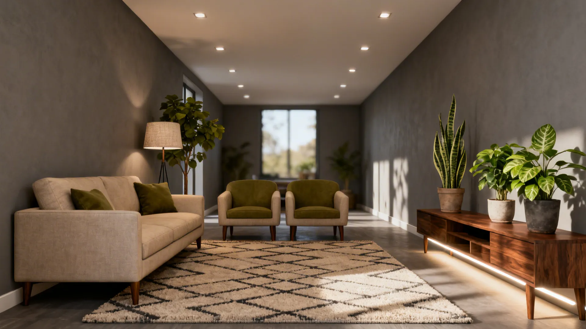 Narrow living room with furniture pulled off walls and a low console dividing zones.