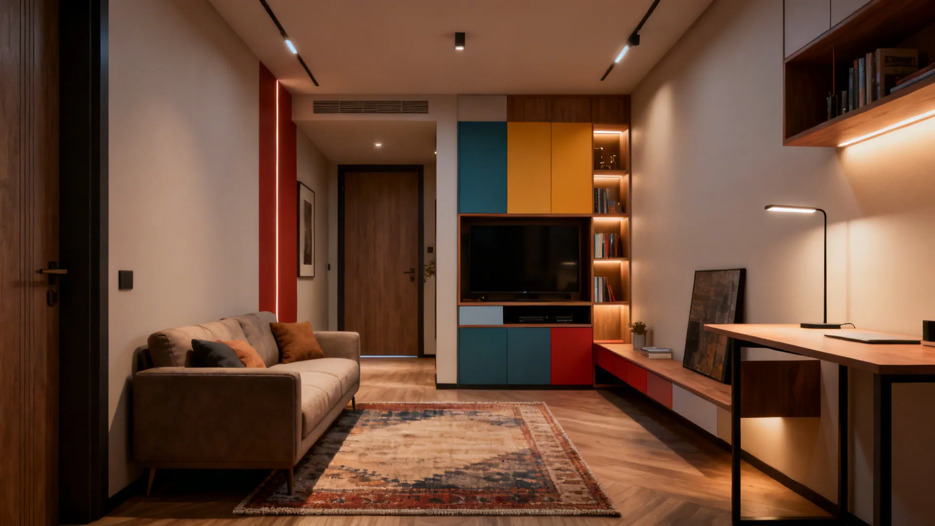 Small living room showing seating, media, and a tiny workspace defined by rugs and lighting
