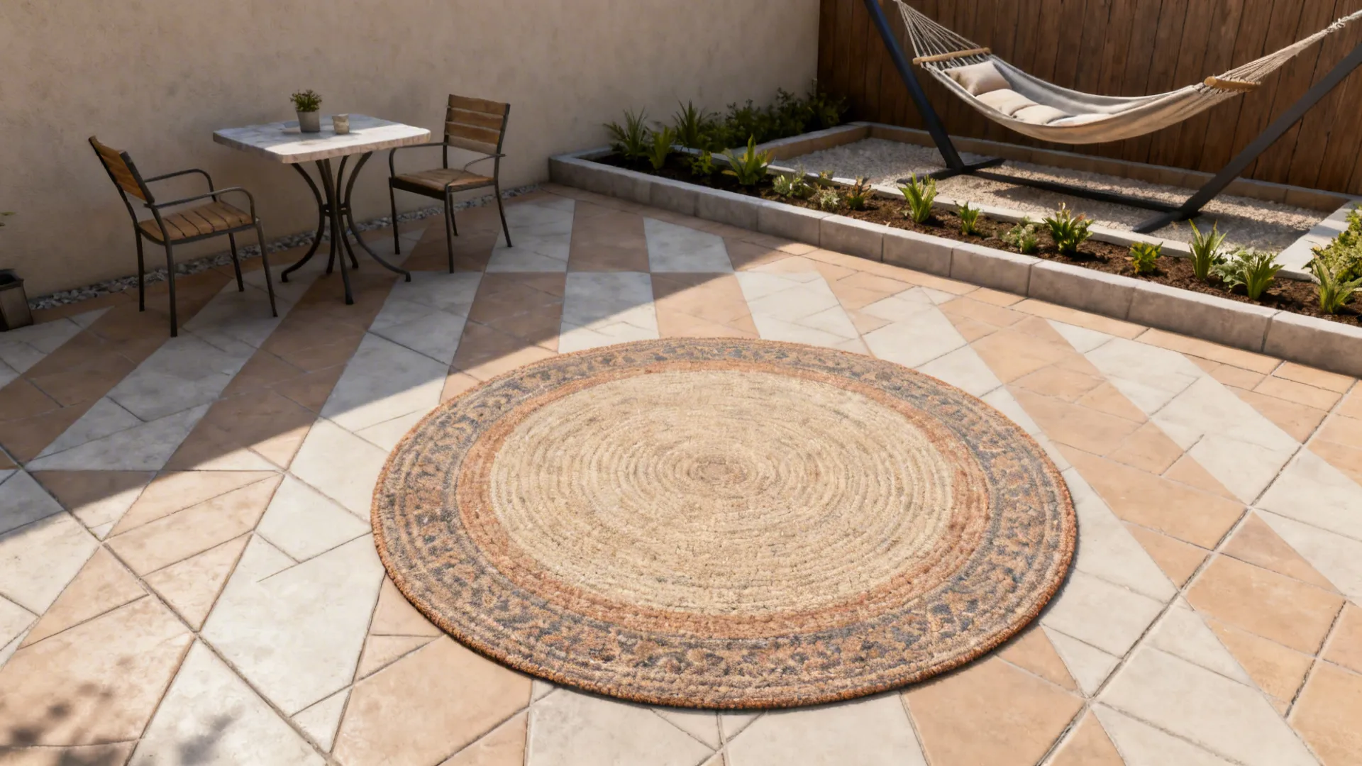 Small patio with diagonal paving and a round rug creating separate zones