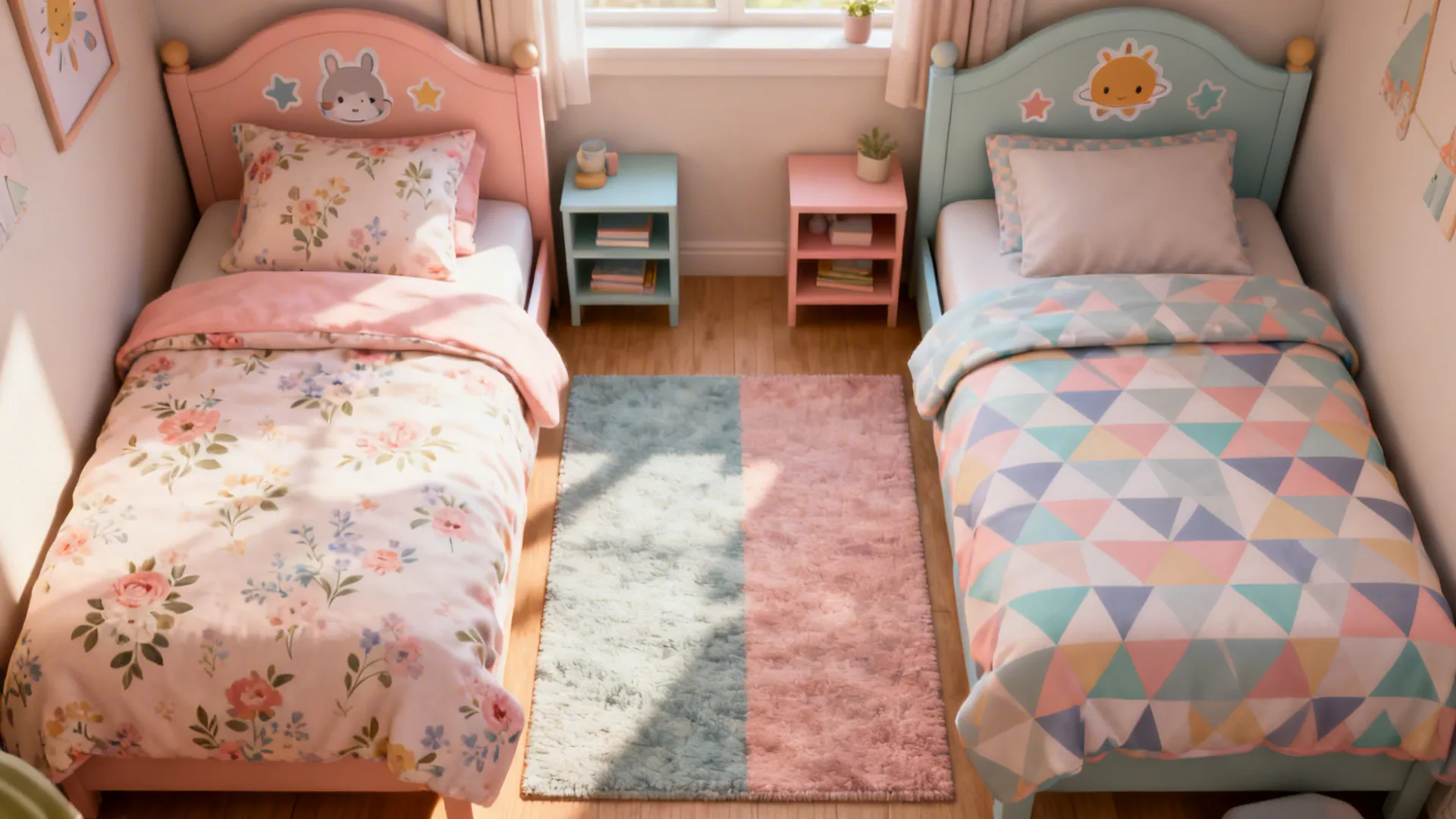 Two adjacent beds with matching-but-individual bedding separated by area rugs and headboard decals.