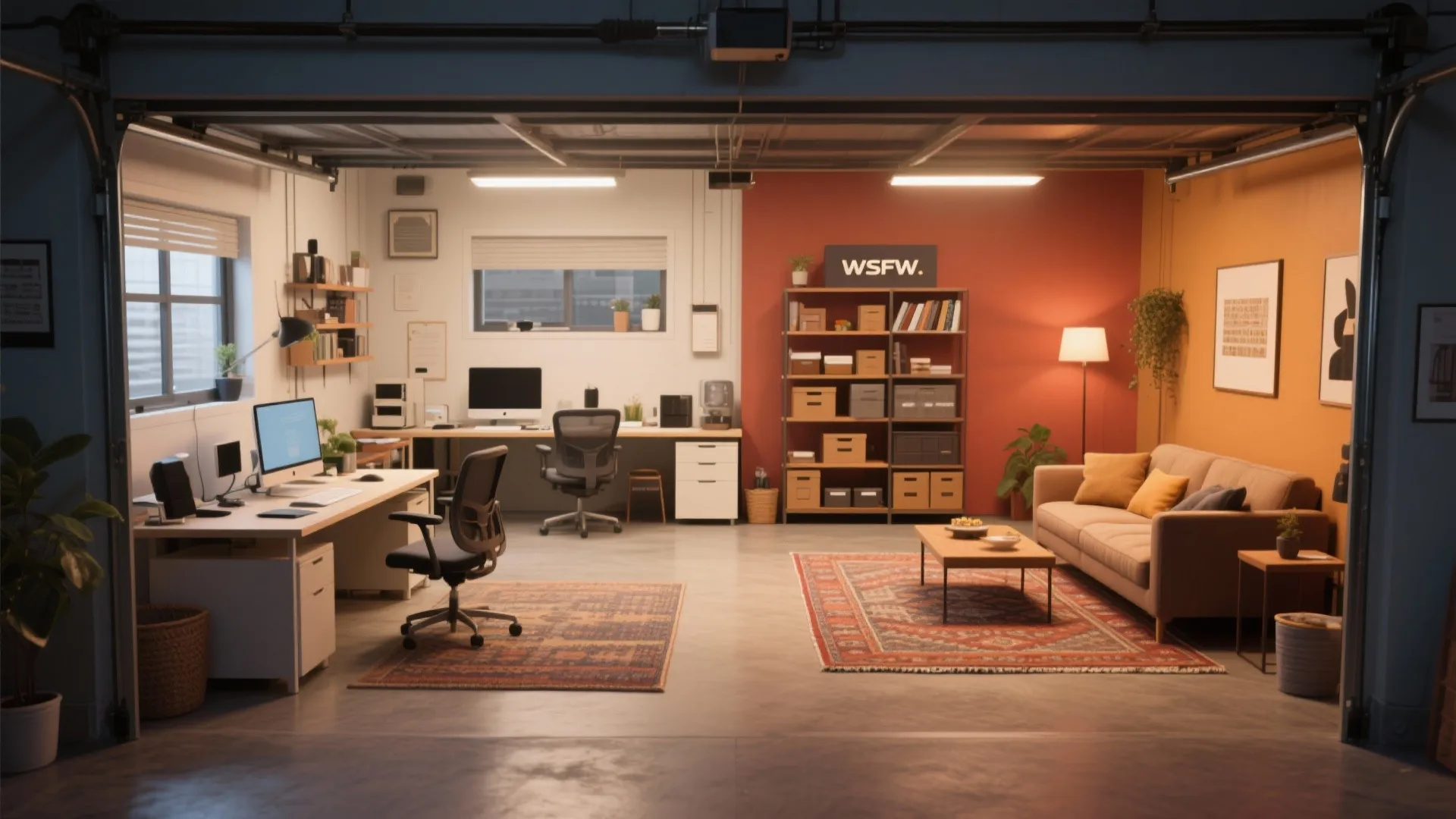 Large garage interior divided into a workspace with desks and a living area with sofa