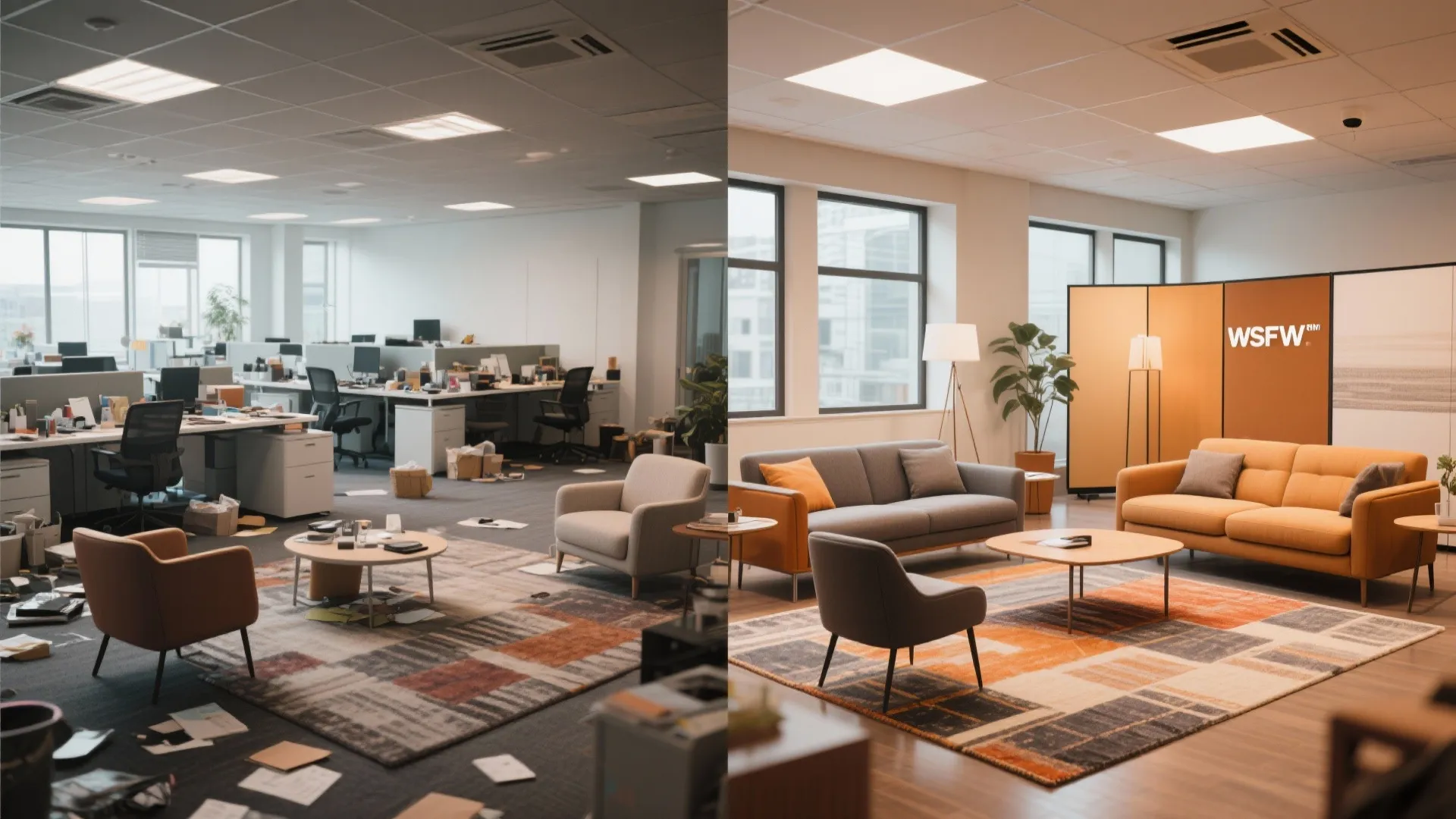 Before and after of an office sitting area showing defined functional zones