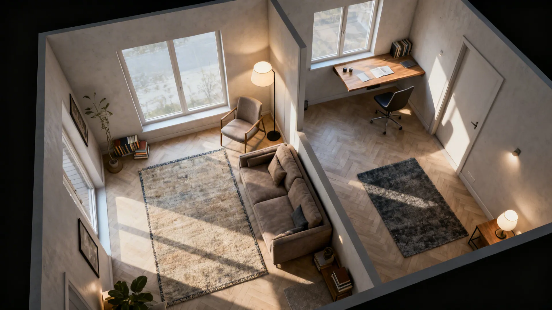 Open small living area showing separate conversation, reading, and work zones defined by rugs and lighting.