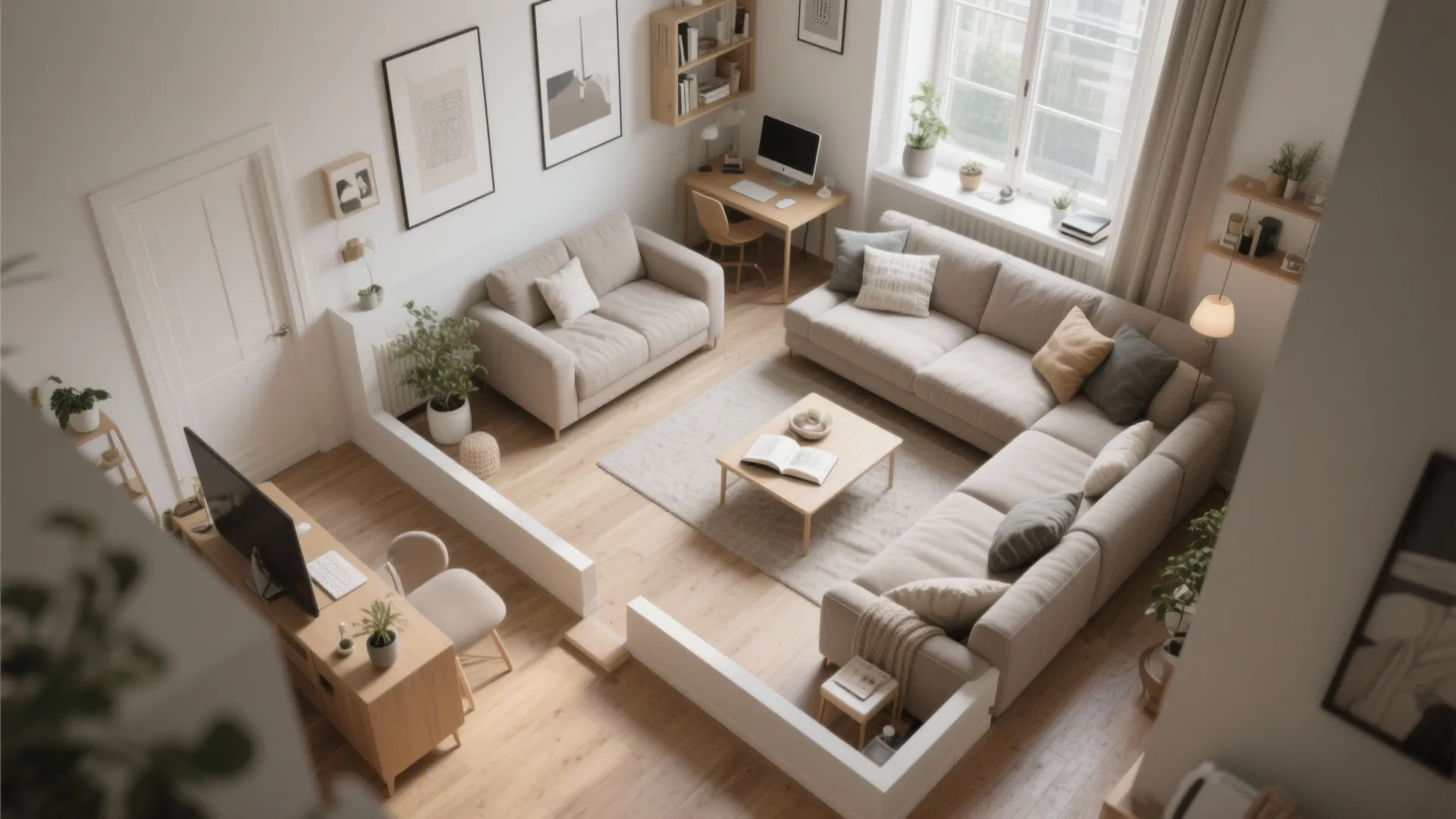 Aerial view of a room layout with a large sectional sofa and separate workstation area