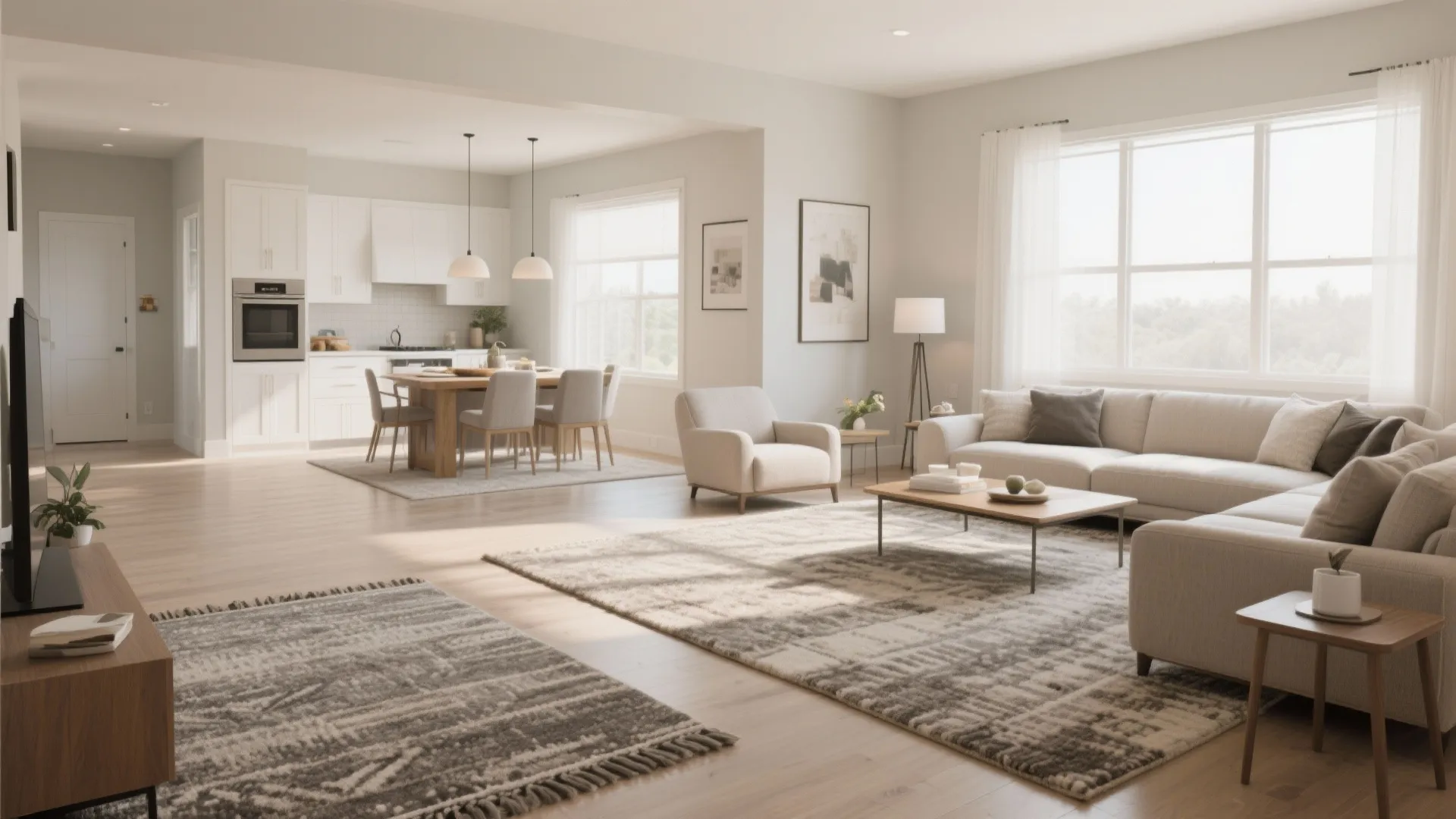 Modern open plan living room with grey sofa wooden dining table and two large area rugs