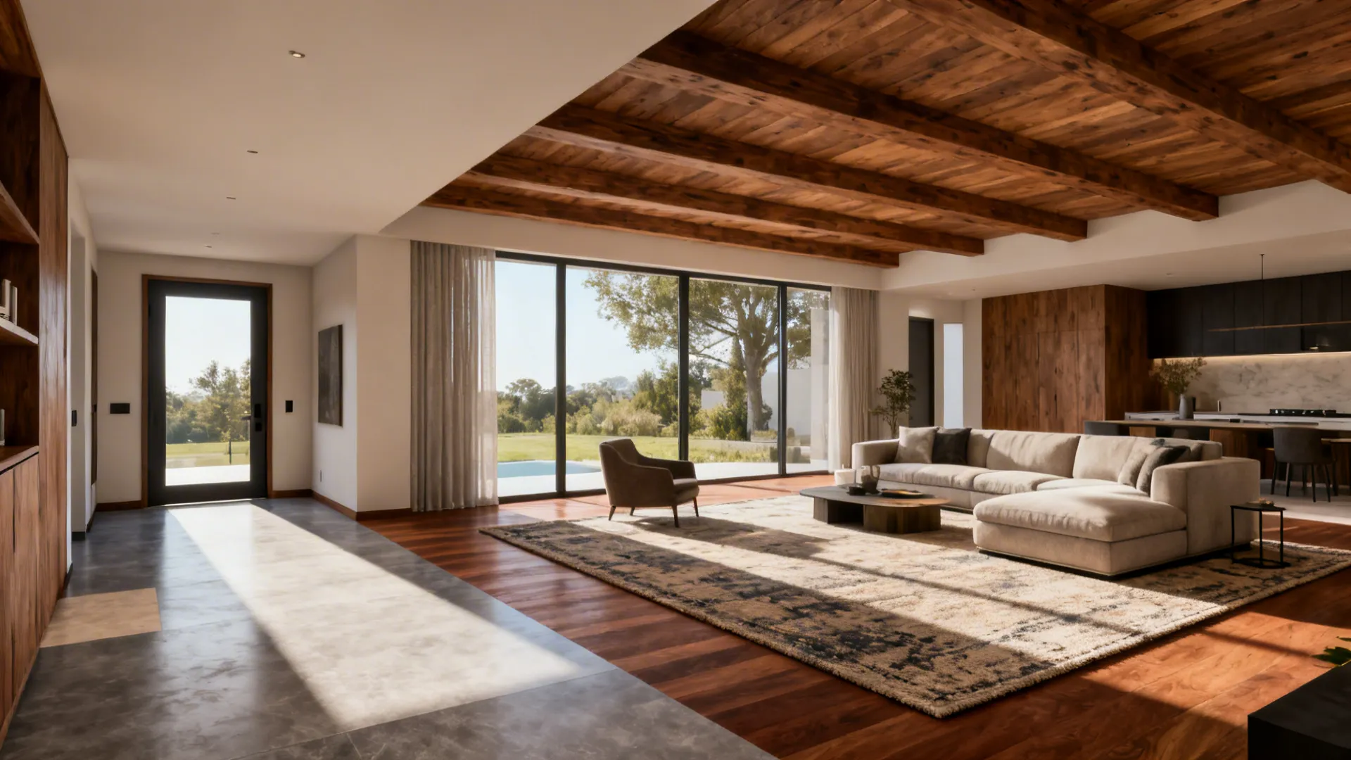 Living area showing defined zones with rug, different flooring and wood ceiling beams.