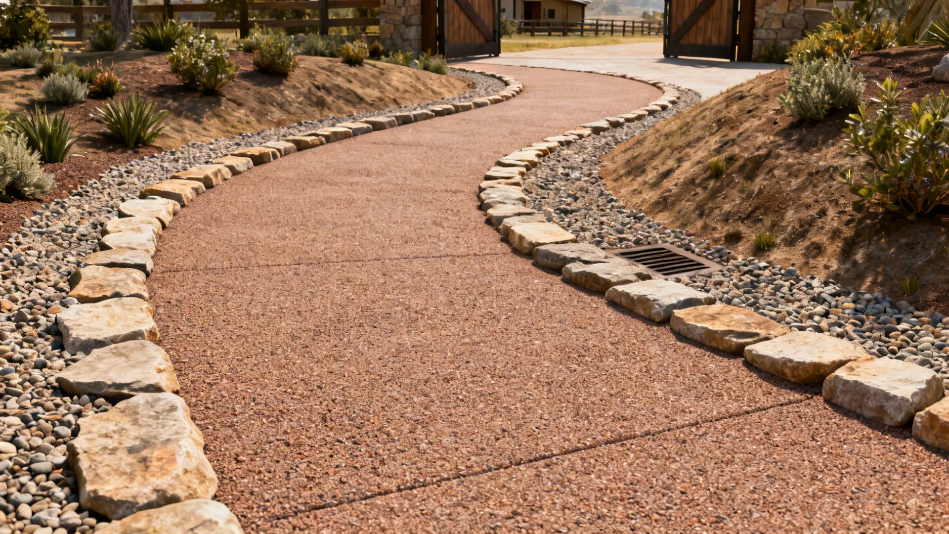 Meandering stone and decomposed granite path leading to a ranch house entry.