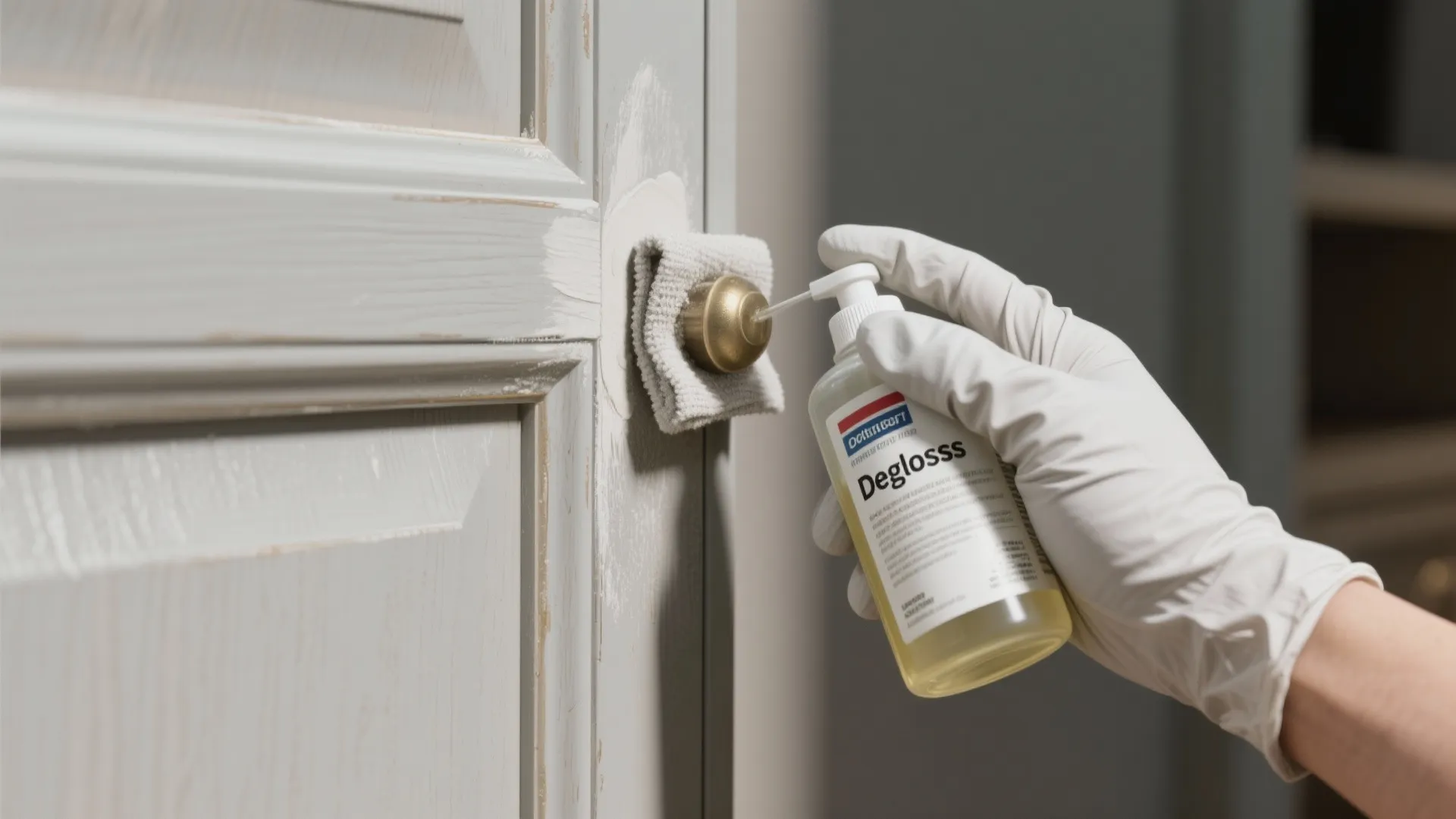 Close-up of a gloved hand applying liquid deglosser to a cabinet edge, showing a low-dust alternative to sanding.
