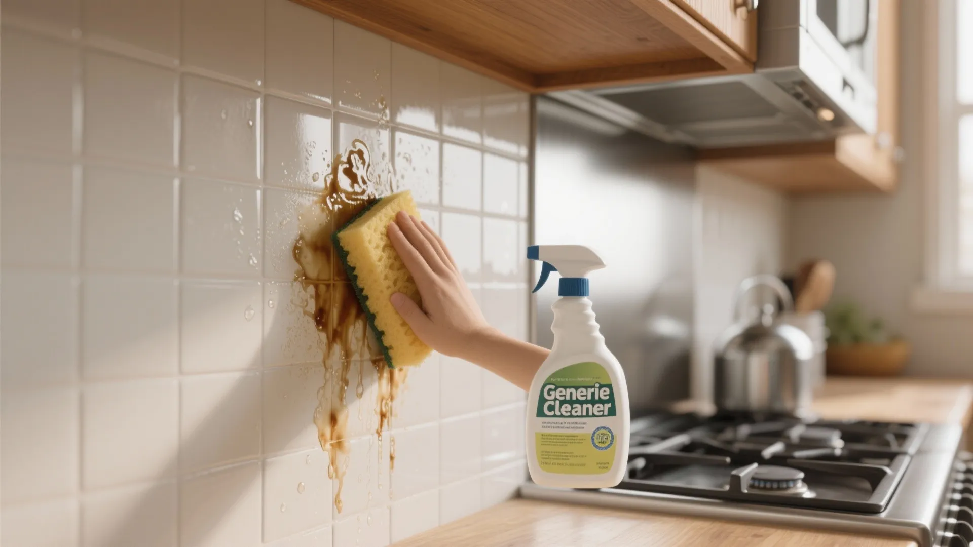 Hand cleaning brown grease stains from white kitchen tiles using a sponge and spray bottle