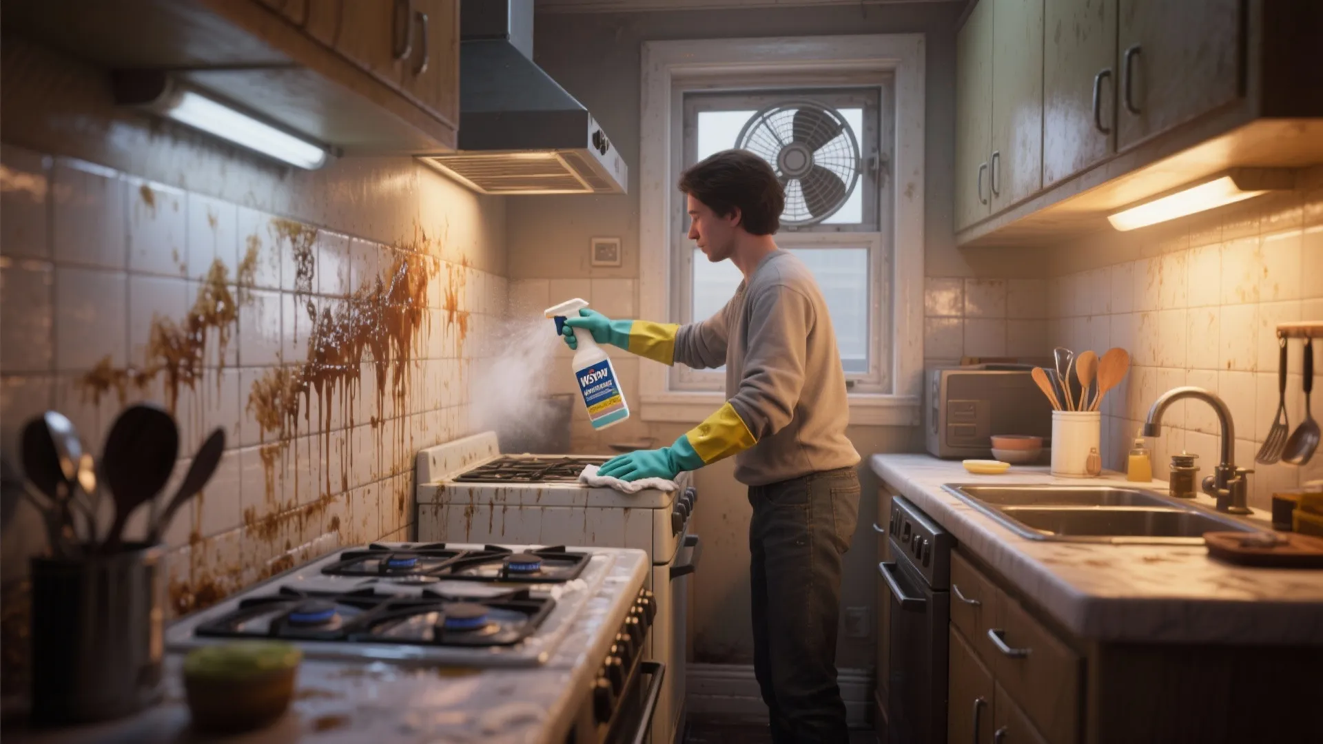 Person in gloves spraying cleaning liquid on greasy kitchen tiles and stove to remove dirt