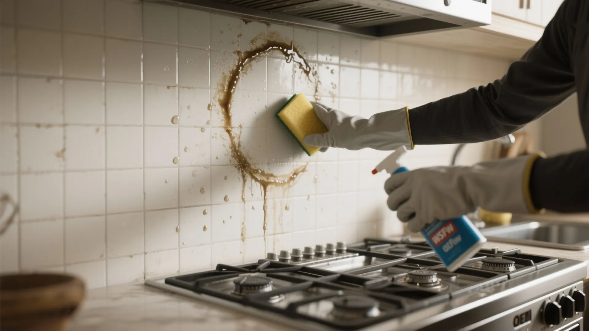 Cleaning greasy tile wall with a yellow sponge and spray bottle above a gas stove