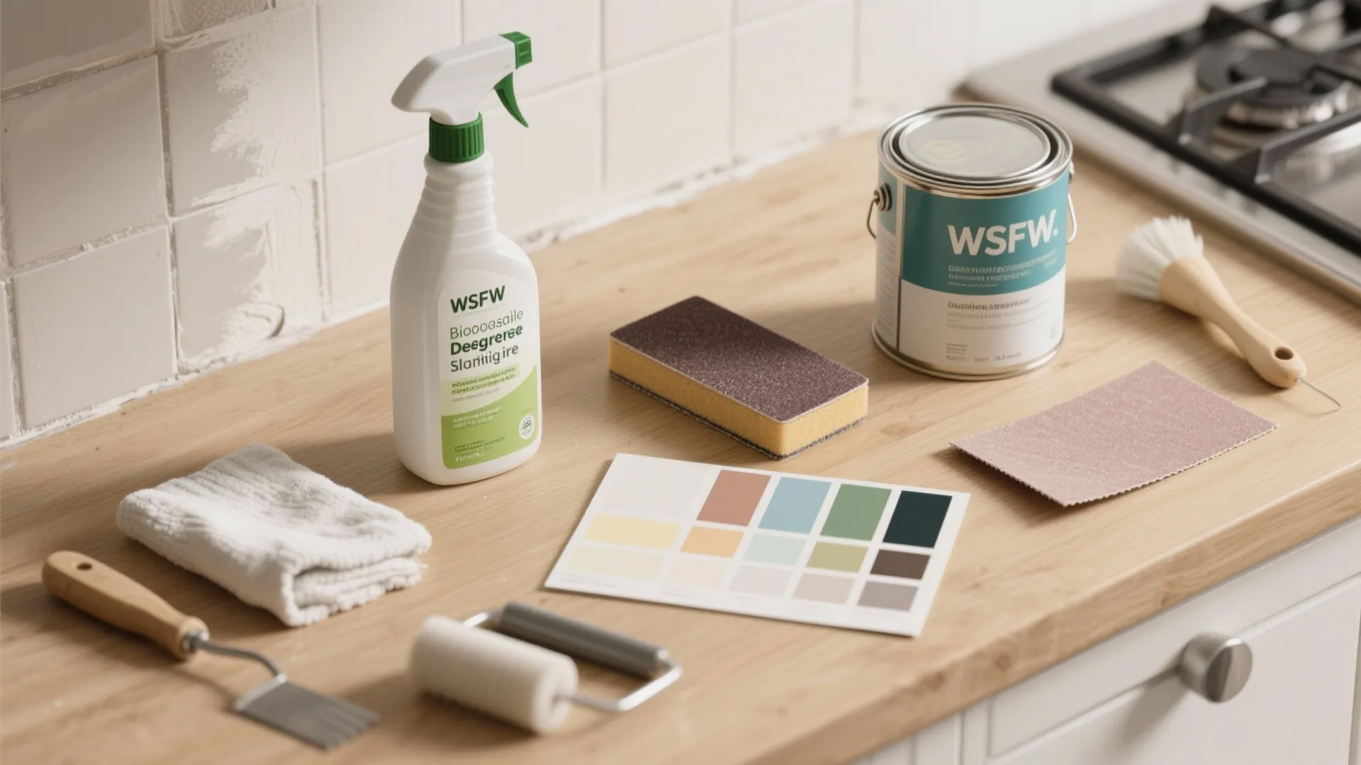 Collection of cleaning supplies including spray bottle paint can sponge color palette and small paint roller