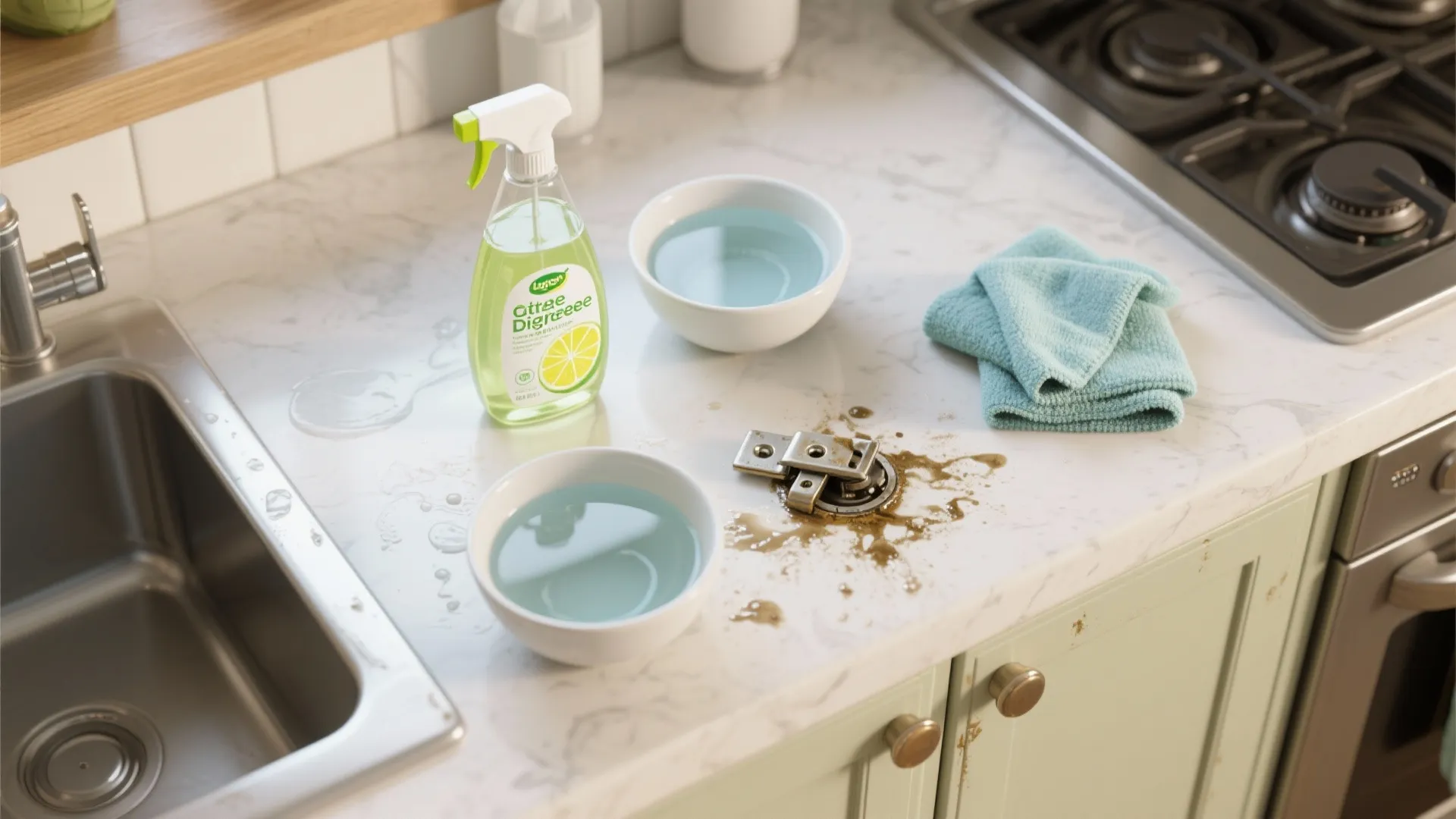 Kitchen counter with cleaning spray spray bottle and blue cloth next to a dirty metal hinge