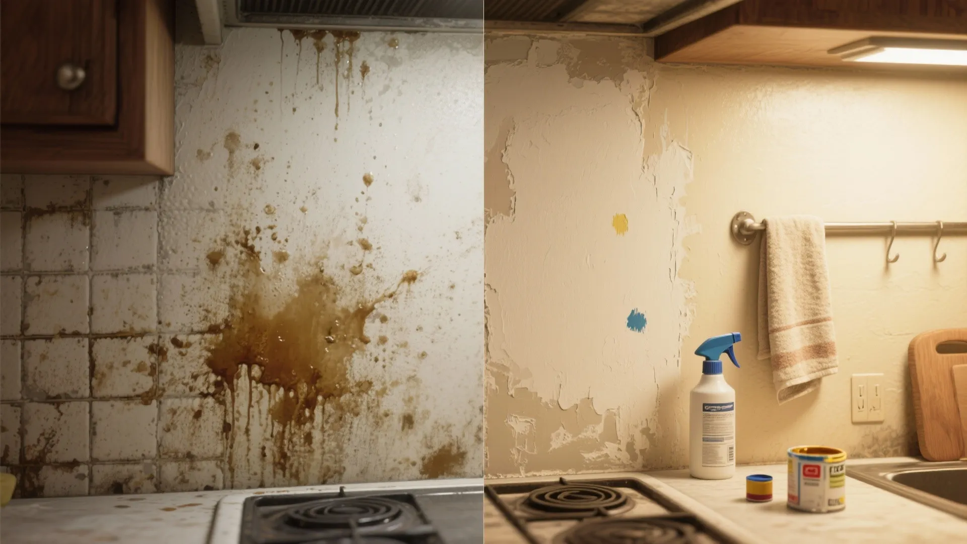 Before and after comparison of a dirty grease stained kitchen wall versus a clean surface