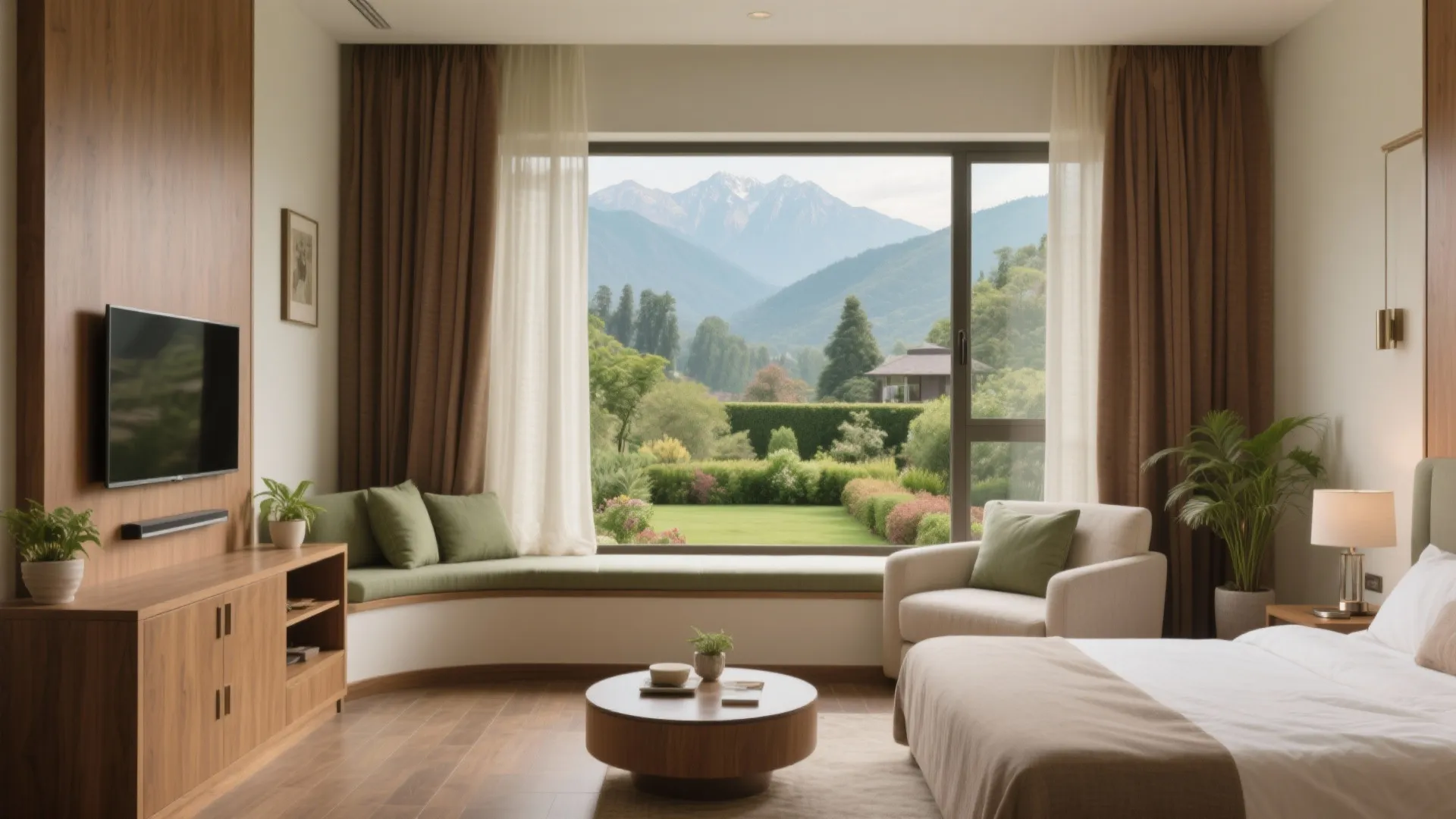 Cozy bedroom with green window seat, wooden cabinet, mountain view, white bed, and natural light