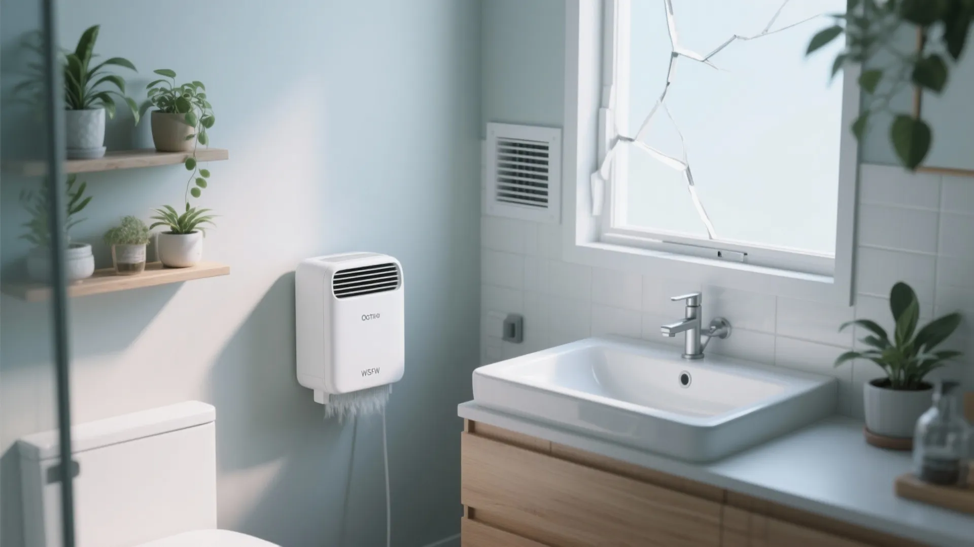 Small bathroom corner showing a portable dehumidifier near the sink and an exhaust vent above a cracked window.