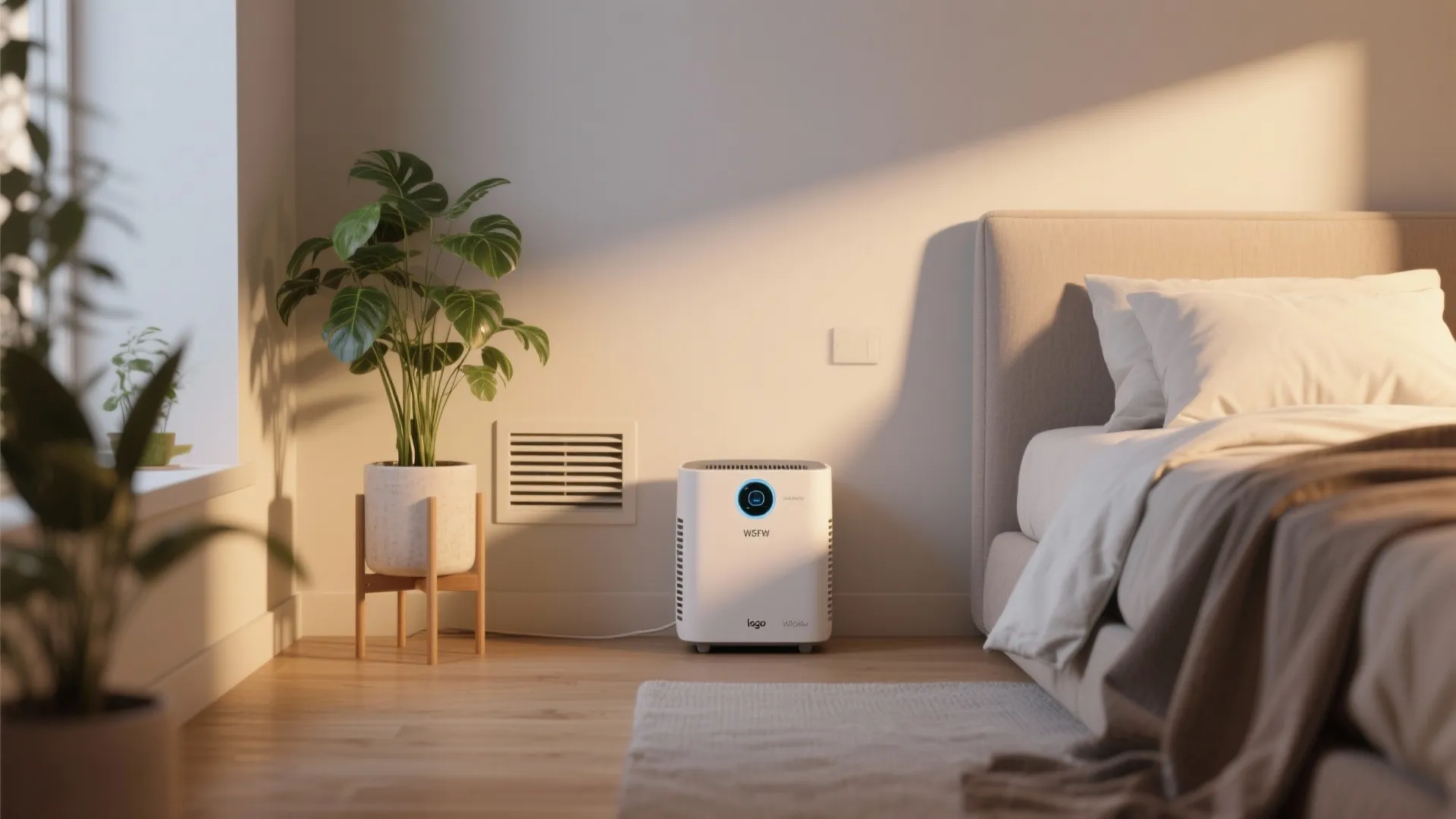 Small white air cleaner machine placed on wooden floor between green indoor plant and cozy bed