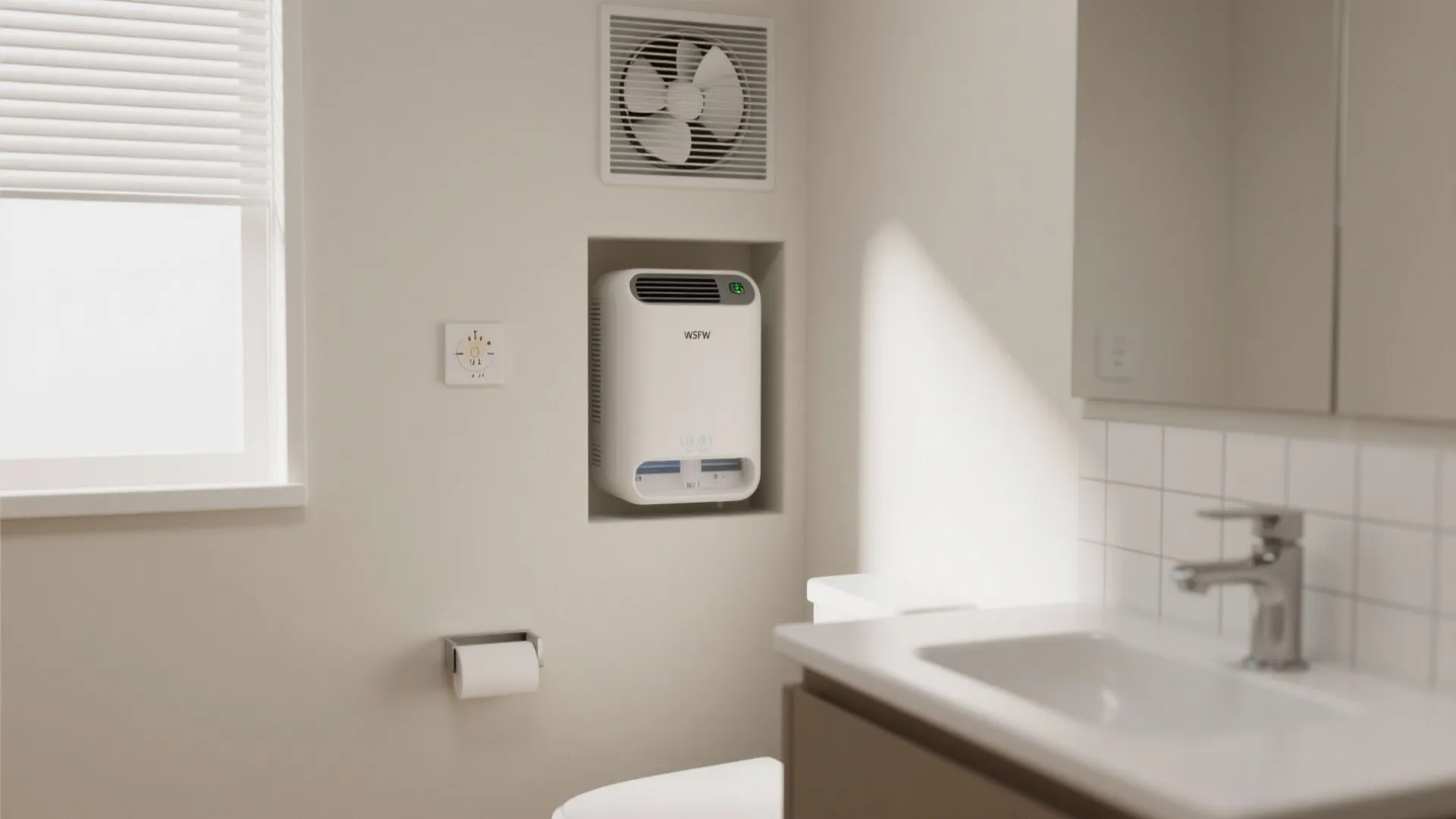 Compact dehumidifier in a wall niche with timer switch and sensor in a small bathroom.