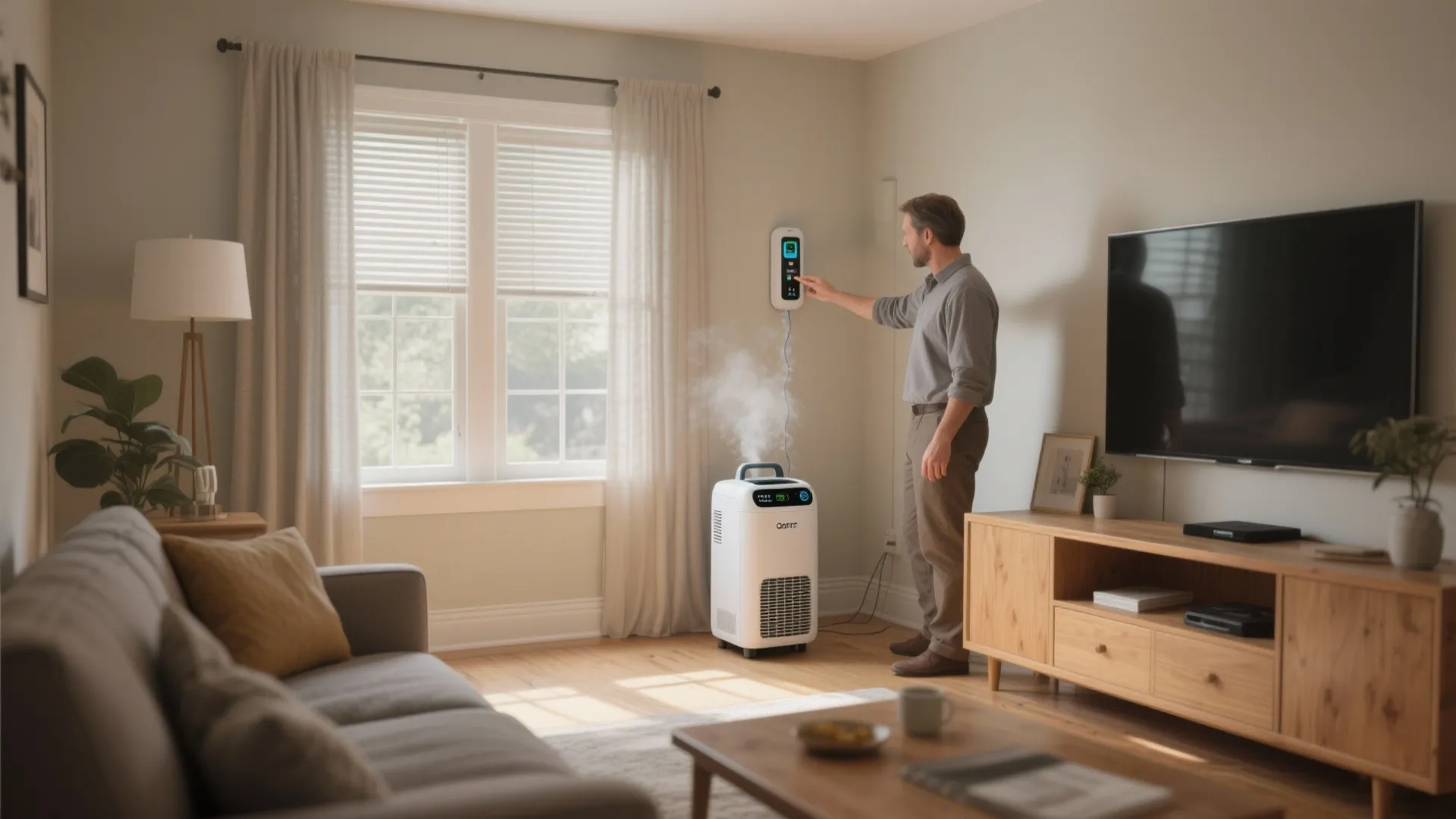 Man using white air machine in living room with sofa and TV near large bright window