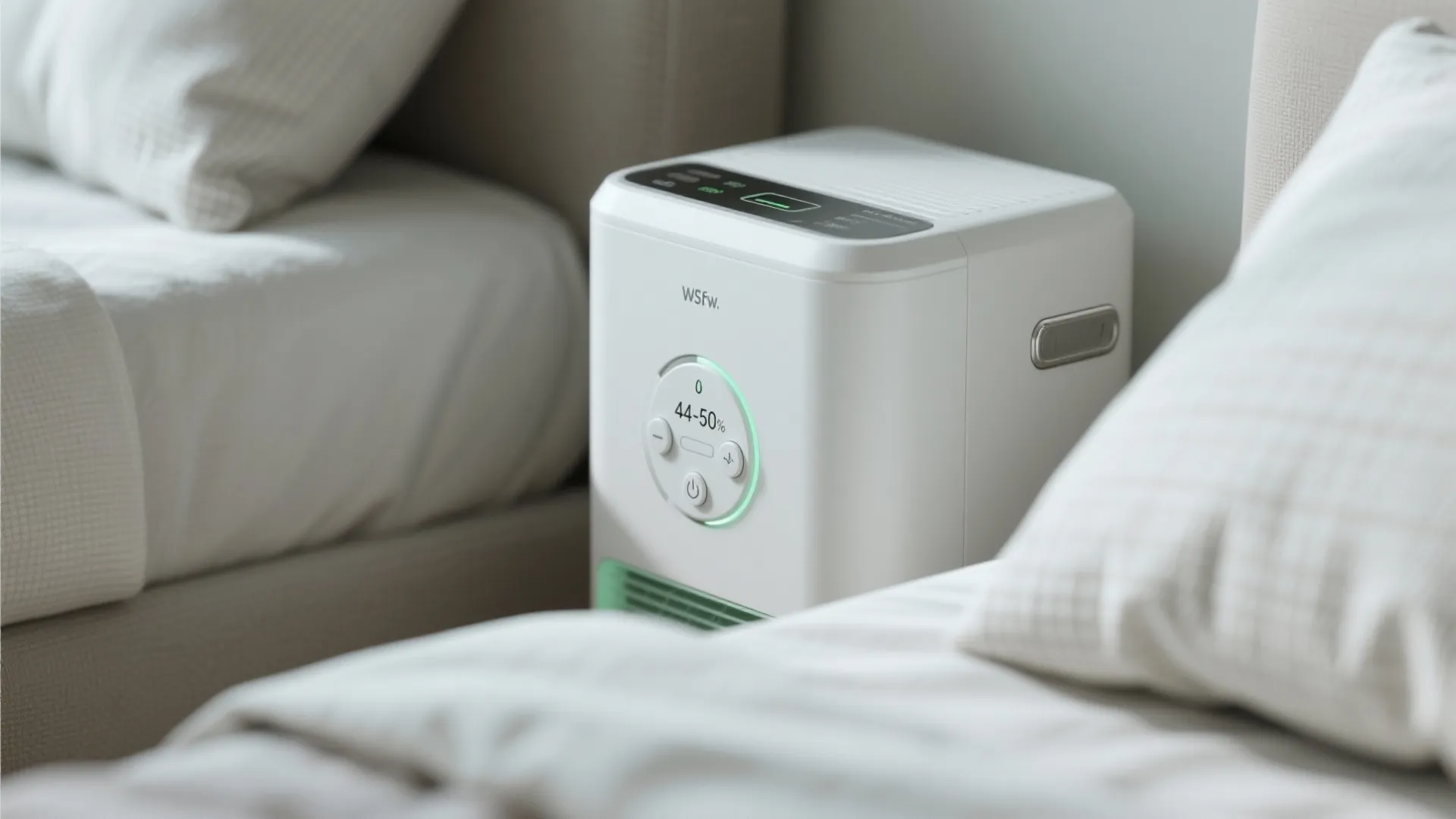 White portable air machine with digital display placed on the floor between two soft beds