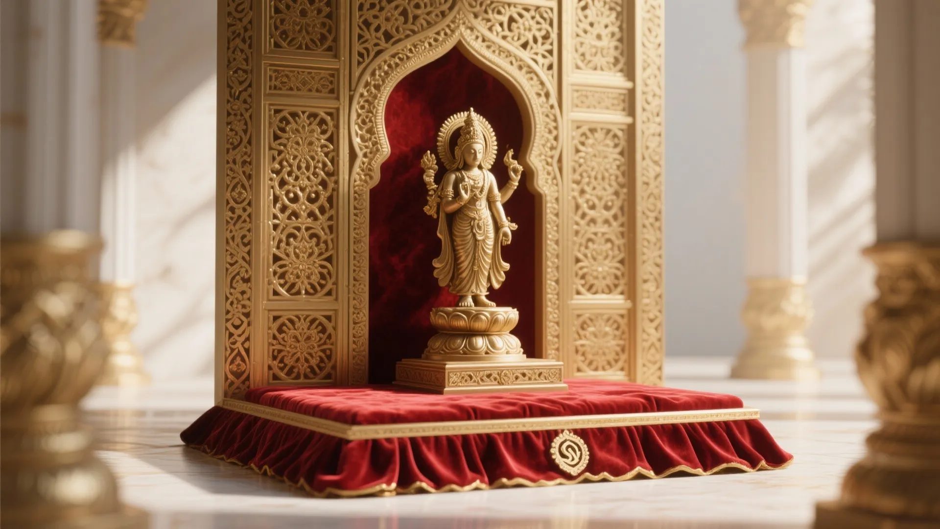 Velvet-covered deity stage with brass details