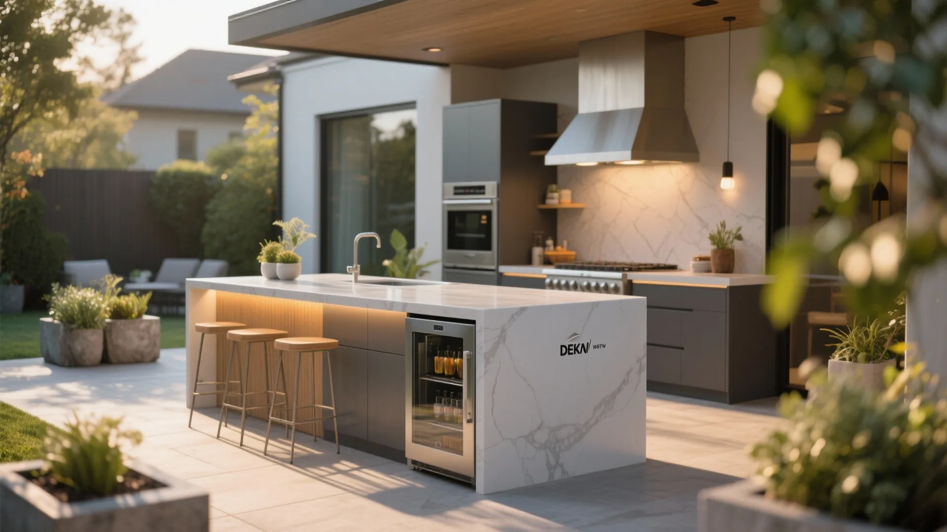 Outdoor kitchen island with sleek Dekton countertop and bar fridge