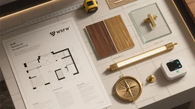 Designer Workspace with Material Samples and Blueprints