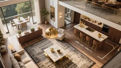 Luxury Open-Plan Living & Kitchen Design with Gold Accents