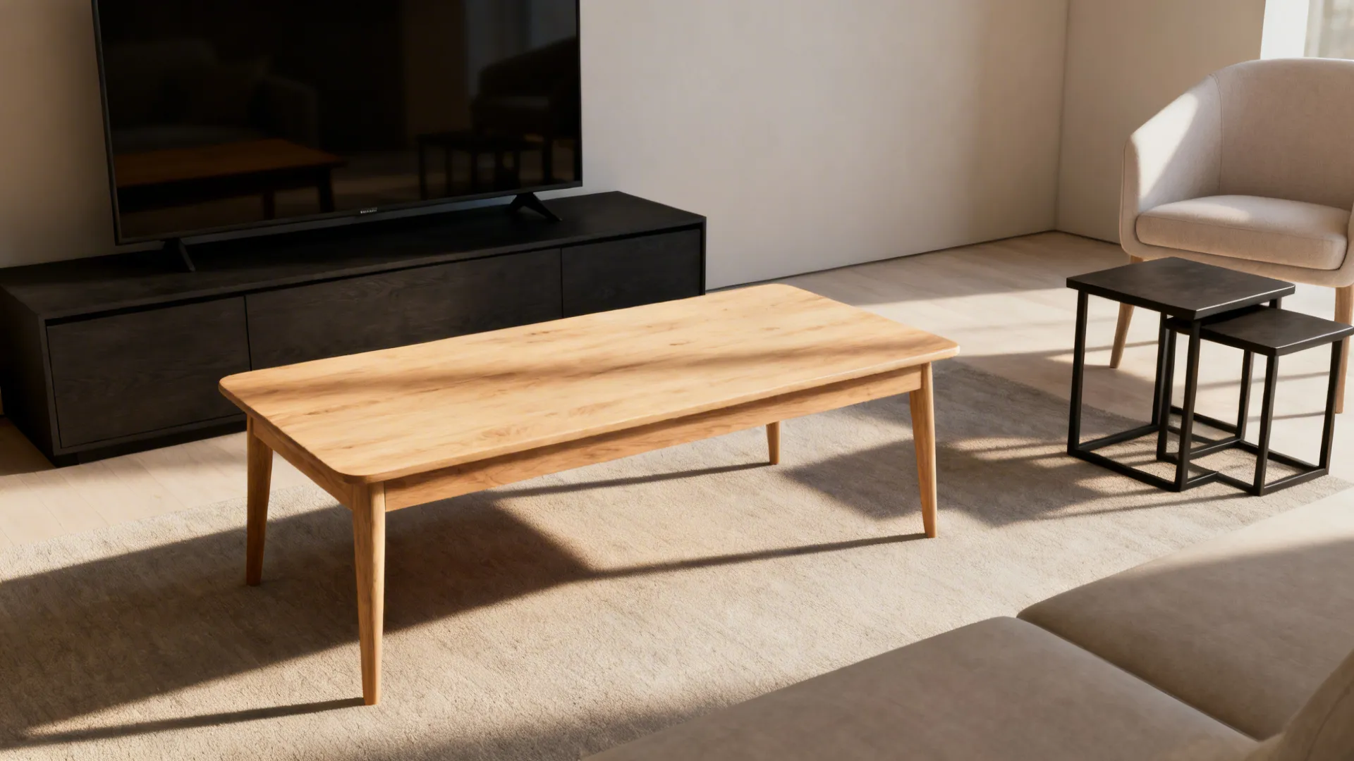 Modern living room with wooden coffee table black cabinet grey rug armchair and sunlight from windows