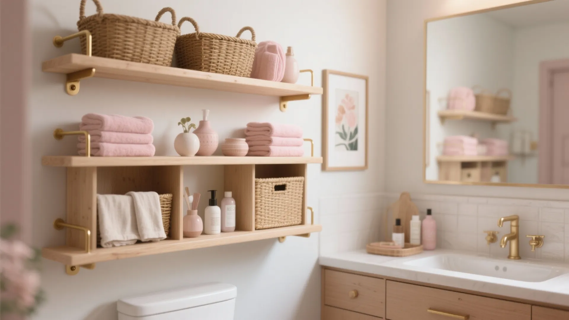 Wooden bathroom shelves with wicker baskets pink towels and white sink with gold water faucet
