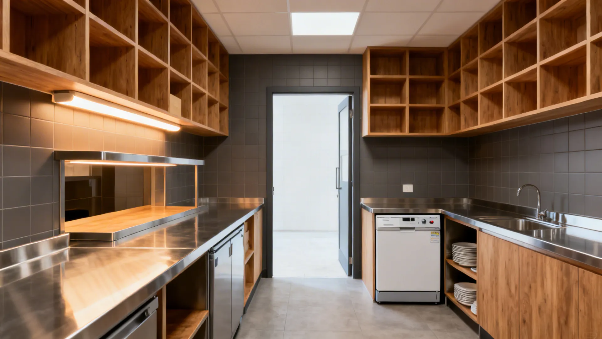 Compact kitchen with a heated pickup shelf and separate dish return with an undercounter dishwasher.
