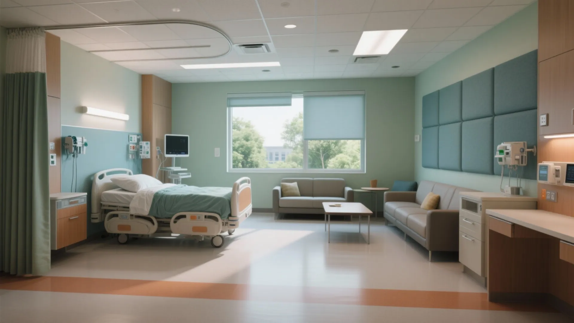 Modern hospital room featuring medical bed blue walls grey sofas wooden furniture and large bright window