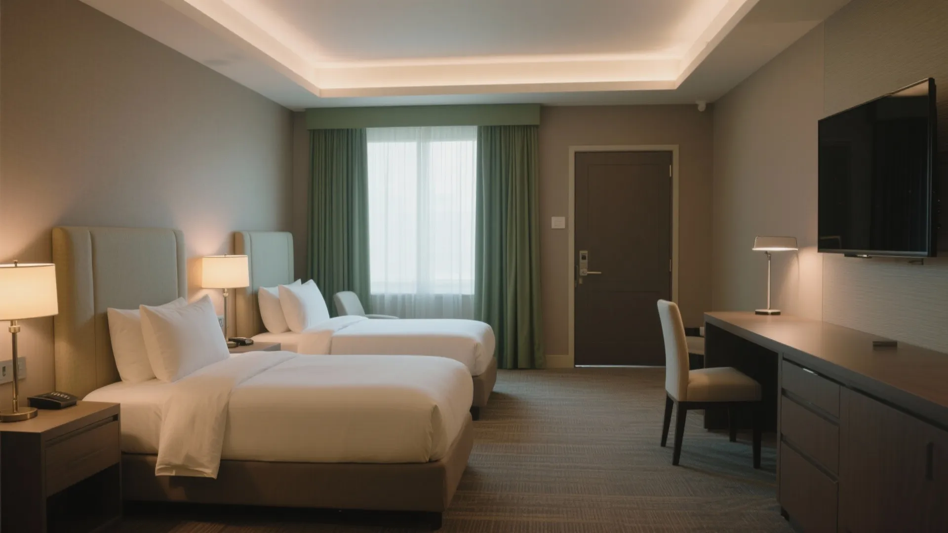 Modern hotel twin bedroom with two white beds green curtains desk chair television and table lamps