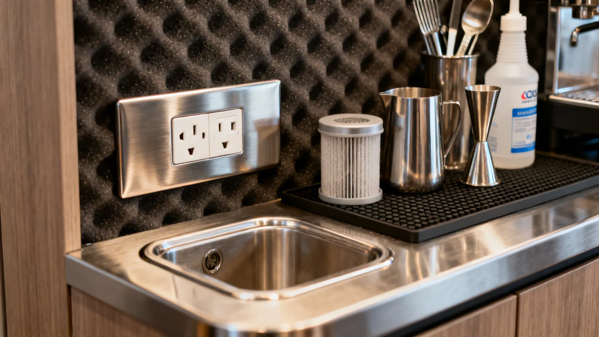 Close up of coffee bar counter with small metal sink wall power outlet and tools