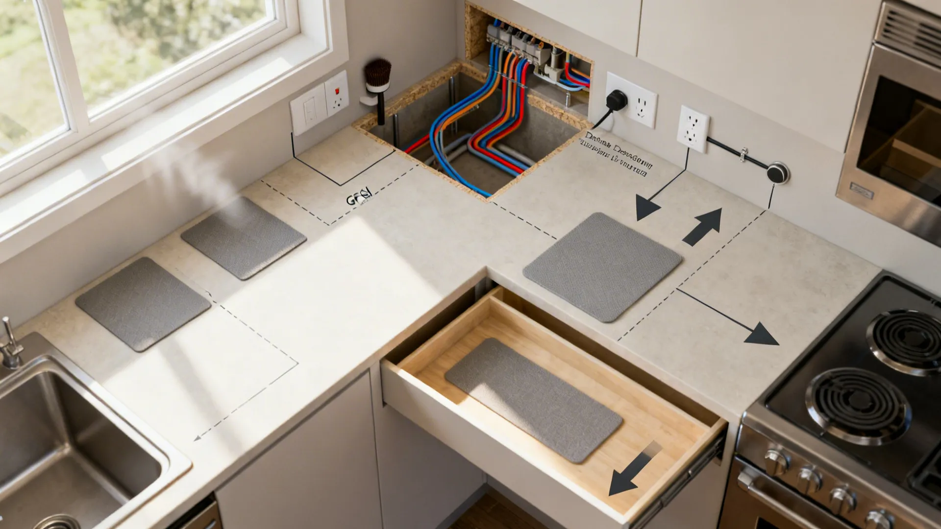 Top-down view showing demo nook cable chase, GFCI outlets, and storage layout.
