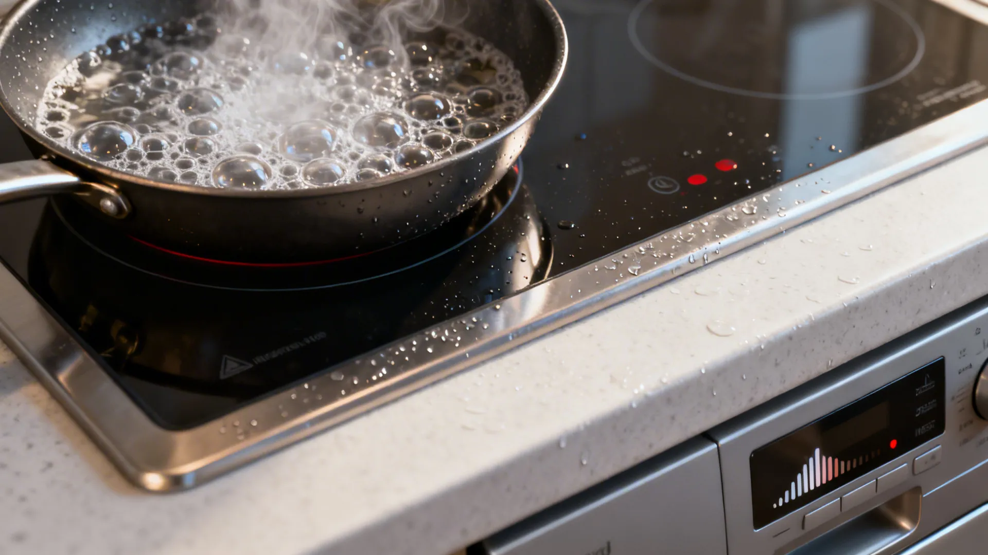 Macro of induction pan at a boil and dishwasher panel showing quiet sound level.