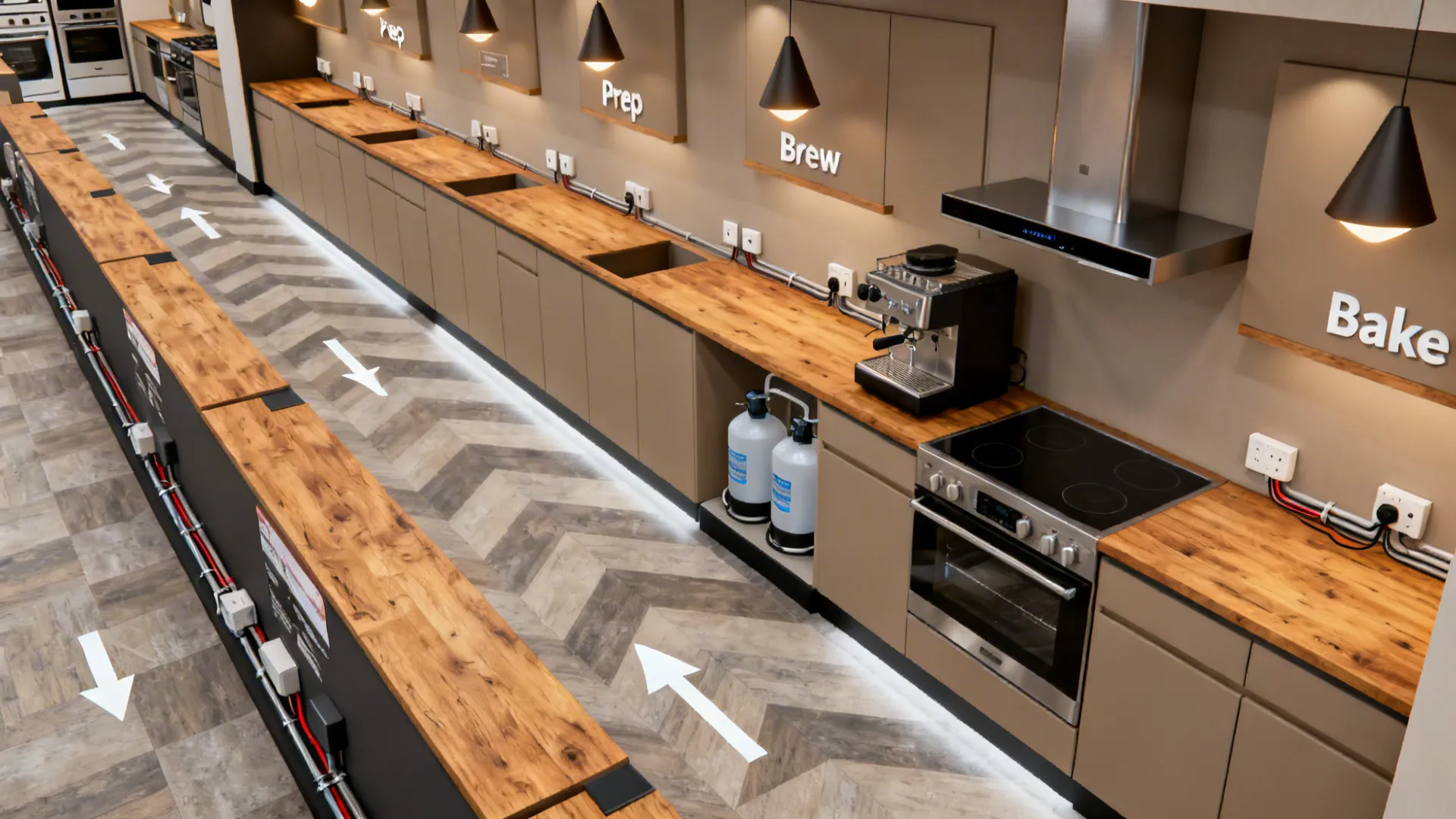 Top-down view of a store with a continuous demo spine and staggered testing stations.