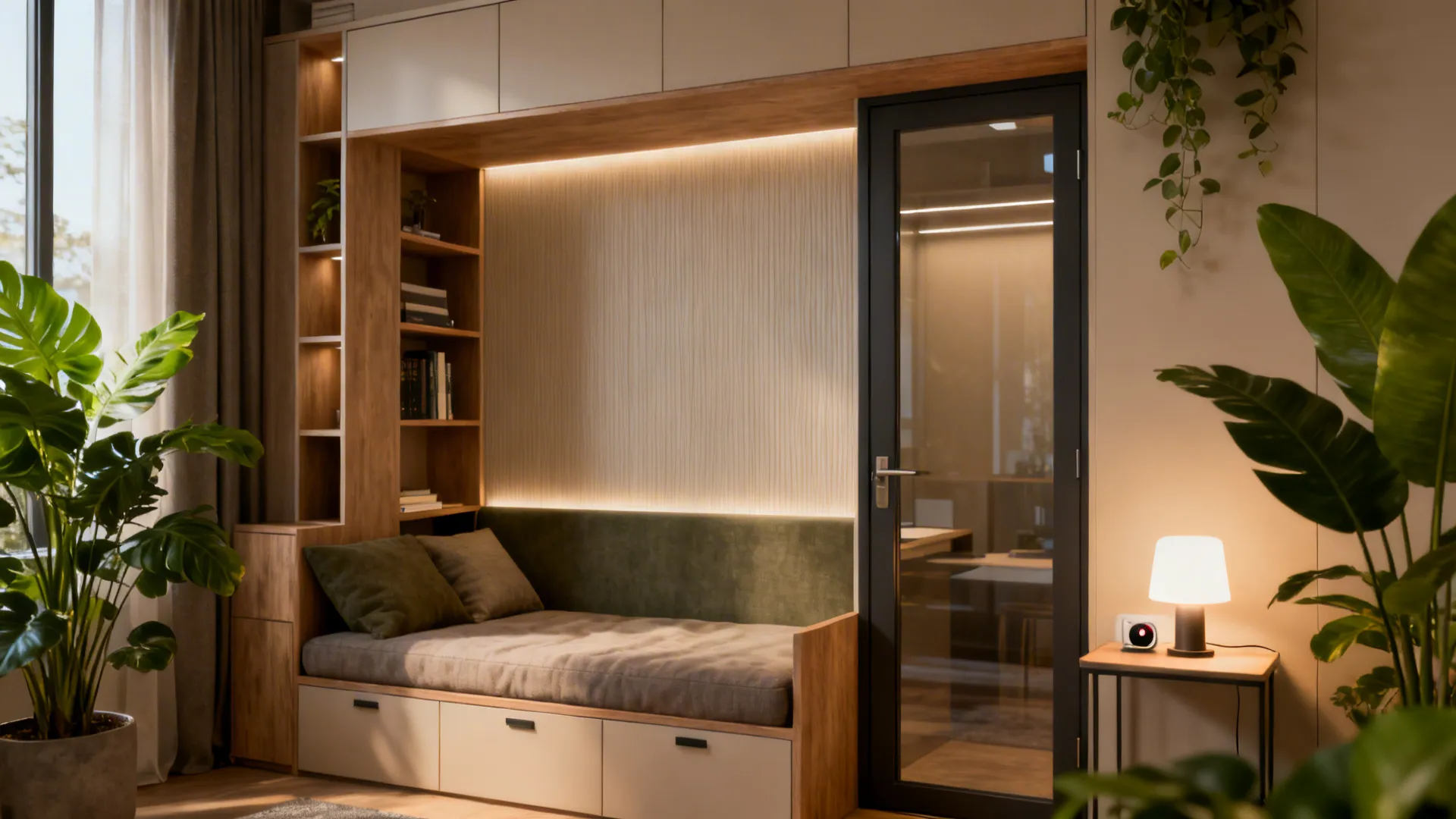 Staged den showing multi-use furniture, vertical storage and a glazed door to illustrate common den FAQs.