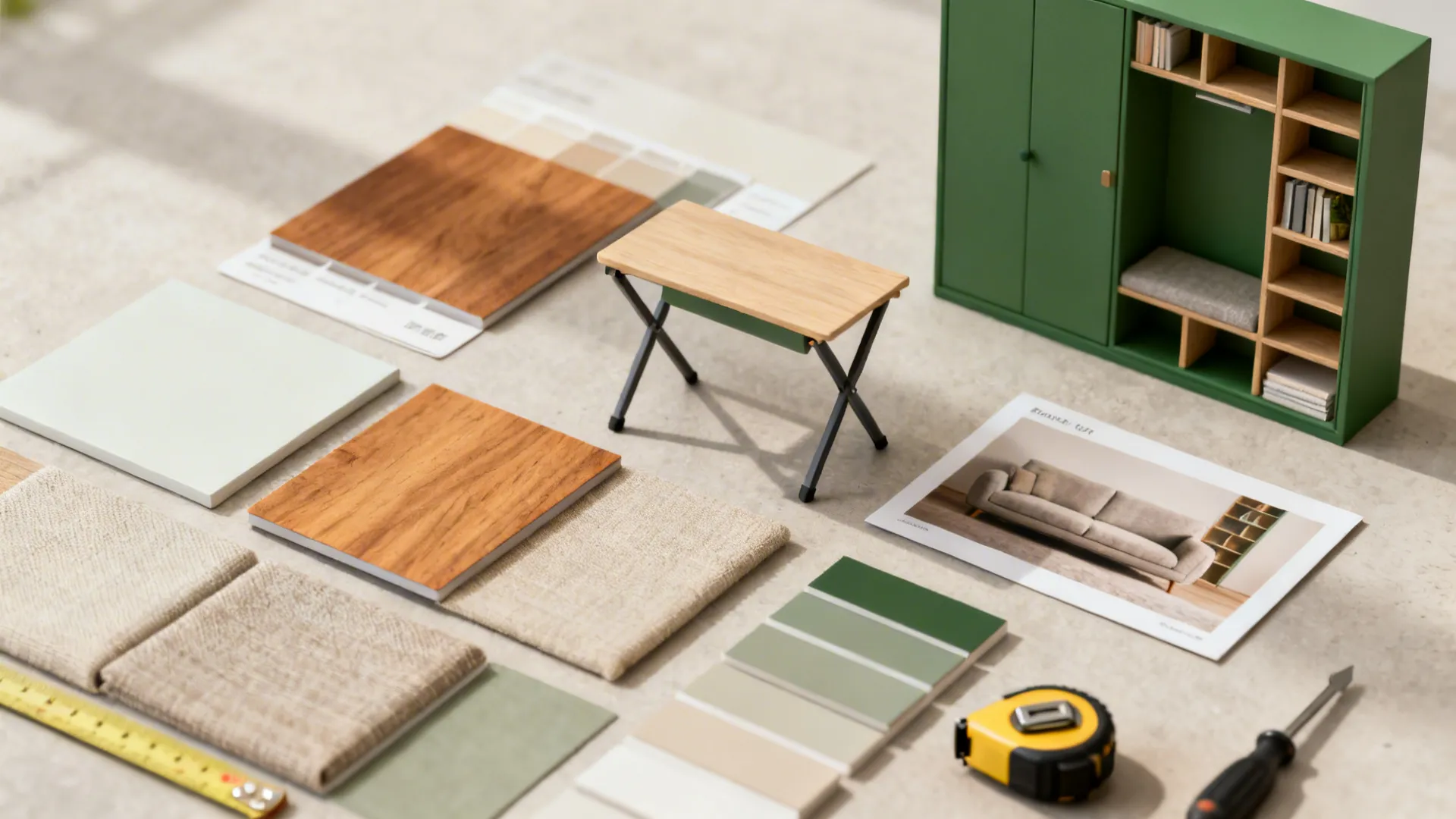 Flatlay of material swatches and small models for foldaway desks, modular shelving and murphy sofas to show versatile den solutions.