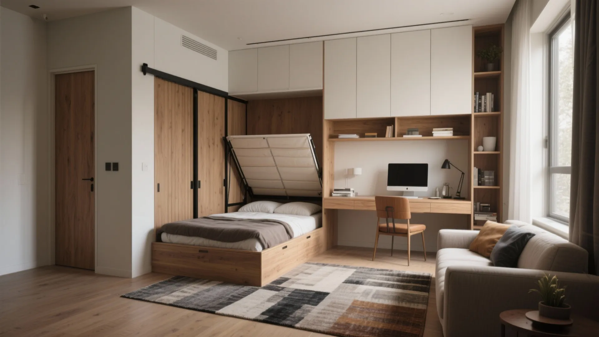 Small studio apartment with a folding bed wooden desk office chair and white storage cabinets