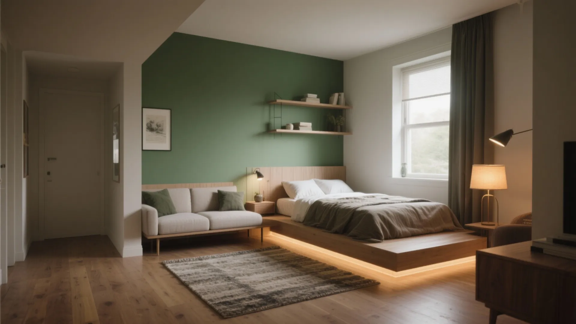 Modern bedroom with green accent wall wooden platform bed white sofa wall shelves and desk lamp