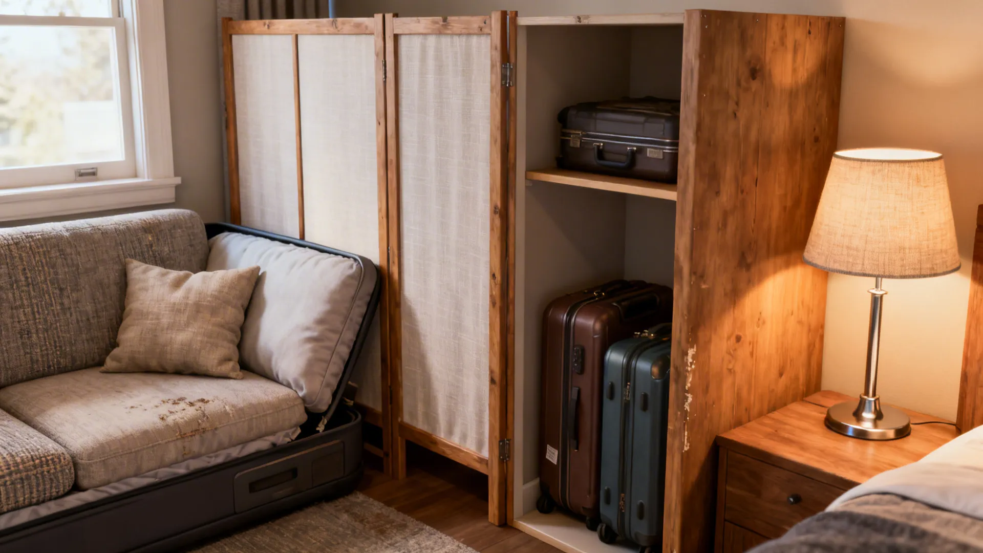 Small den arranged as a guest space with a compact sleeper sofa, room divider, and luggage storage.