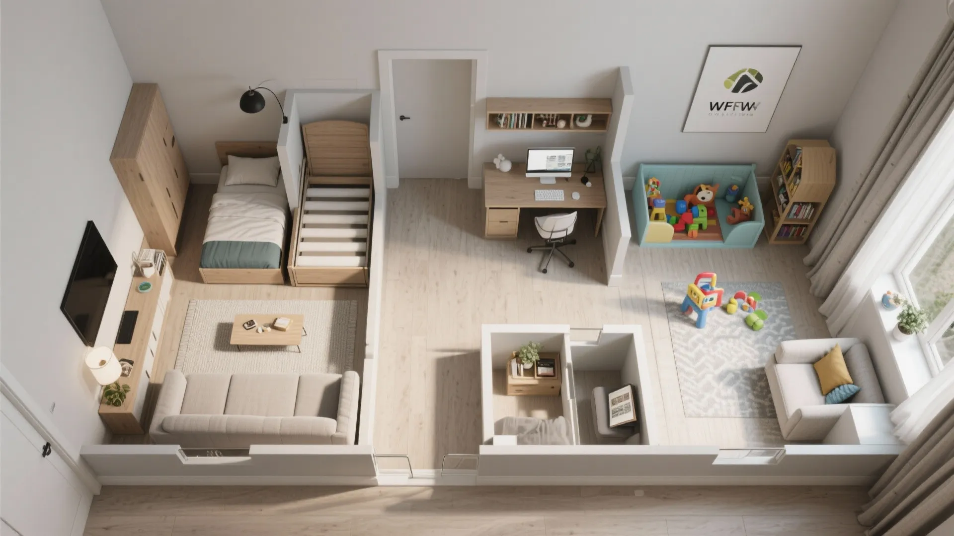 Interior design drawing showing a bedroom living room office and kids play area floor layout
