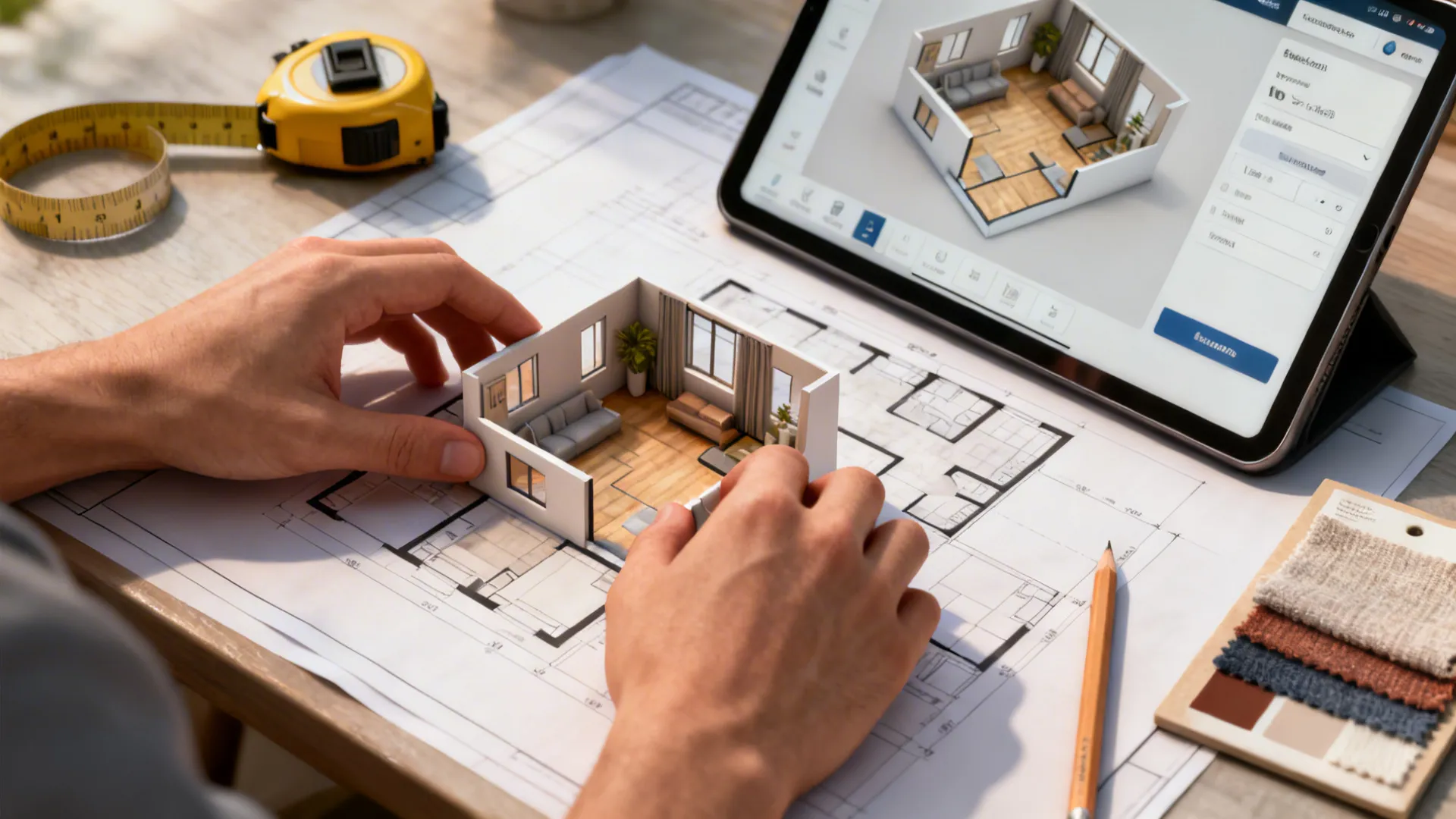 Close-up of a designer using a tablet 3D planner, floor plan printout, and material samples while planning a den layout.