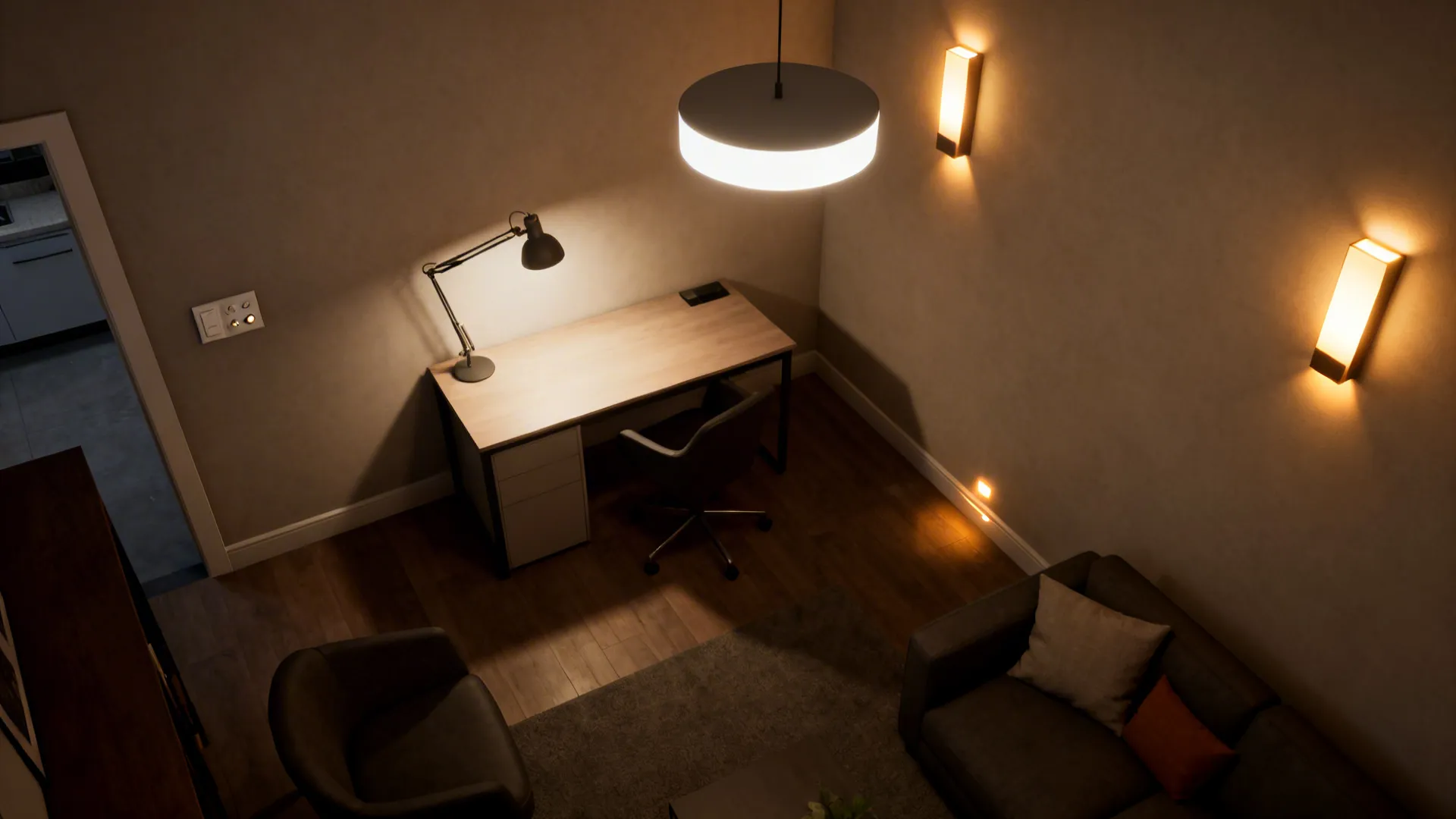 Top-down layout of a den showing ambient, task, and accent lighting zones with dimmer control.