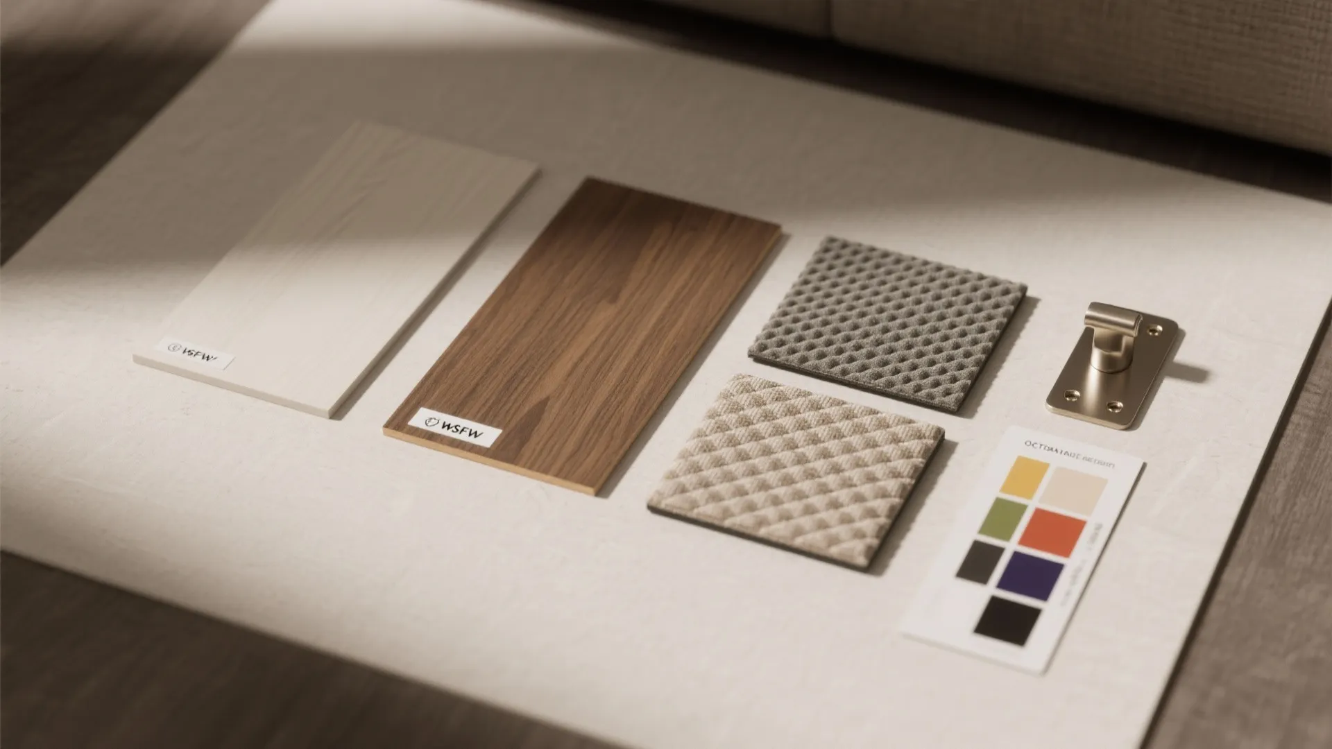 Interior design material flatlay with wood panels fabric samples metal handle and colorful paper palette