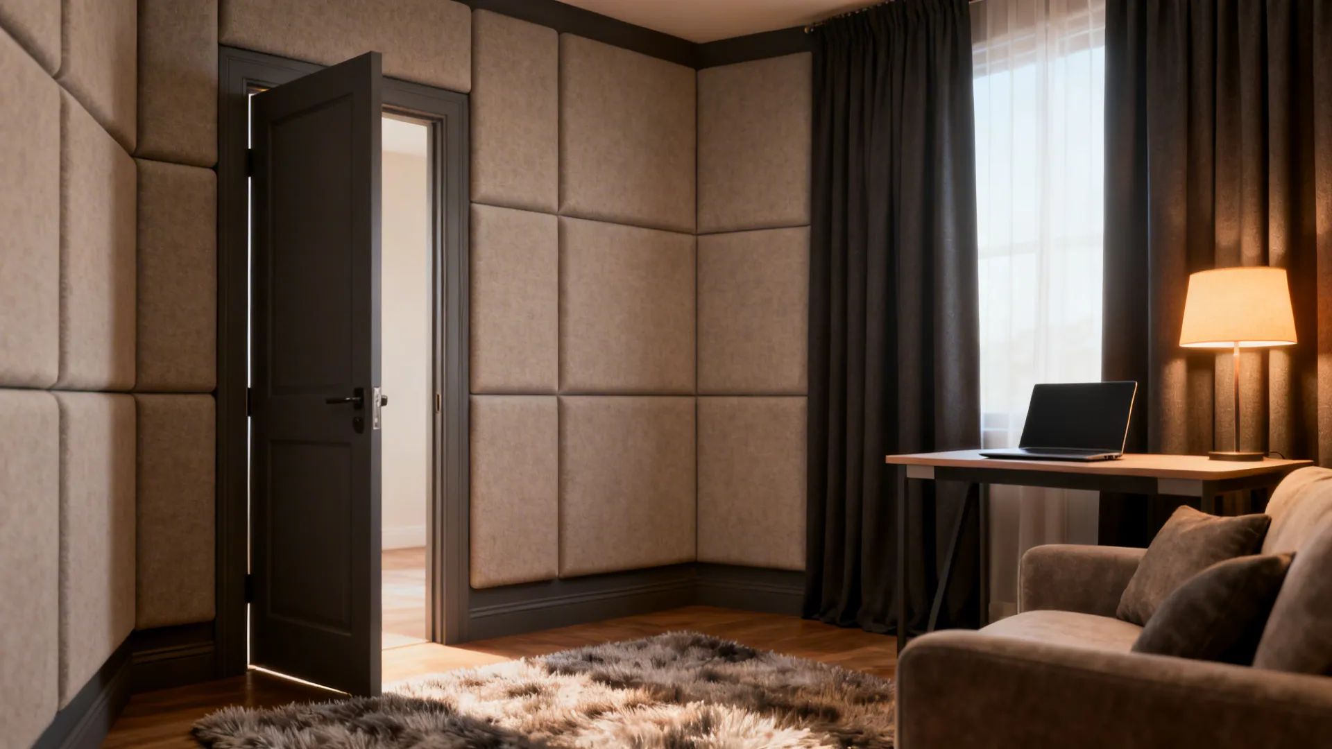 Den with closed door, blackout curtains and acoustic panels to illustrate privacy and sound absorption.