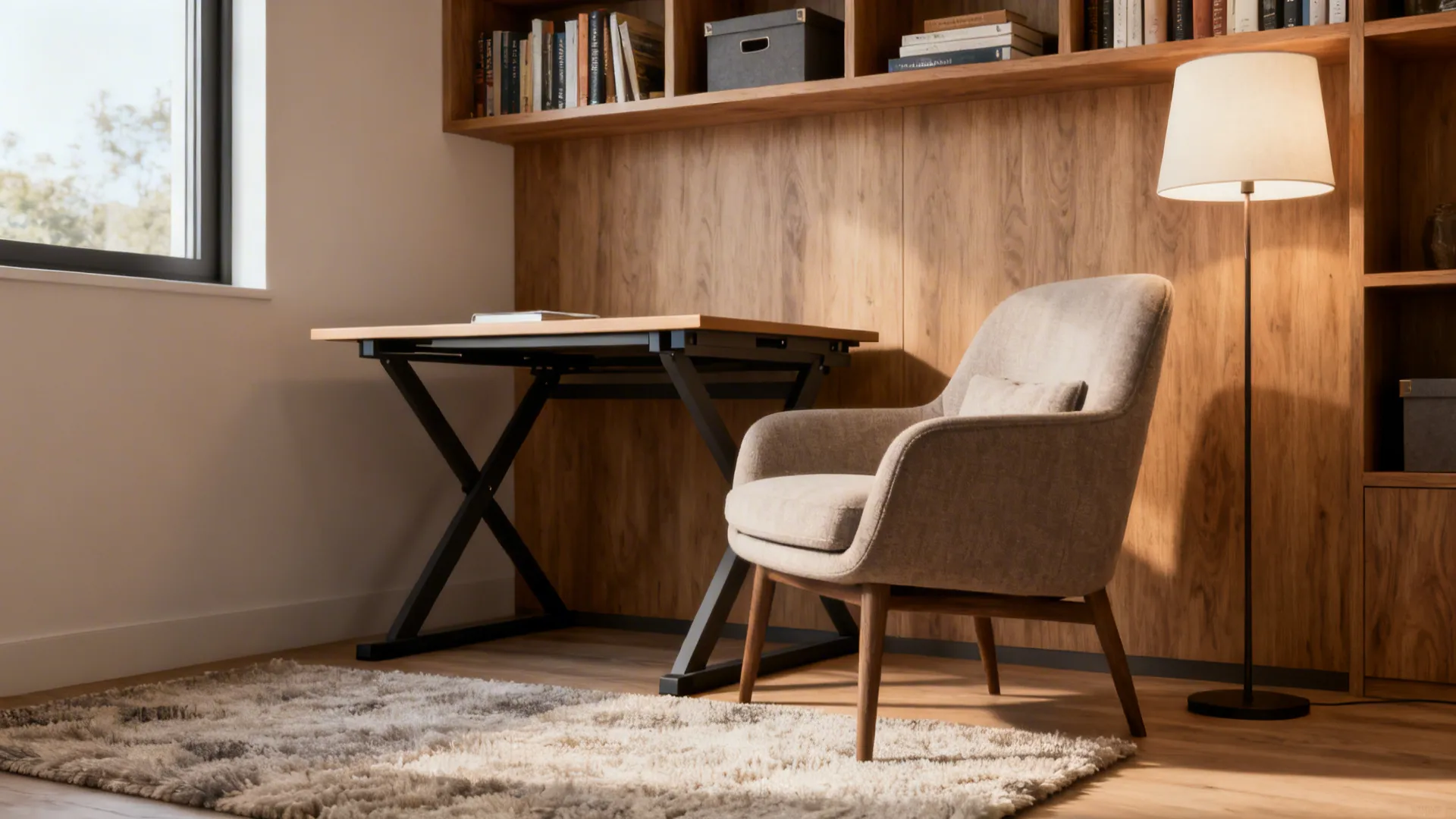 Small den set up as a reading and work nook with a foldaway desk, armchair, and built-in shelving.