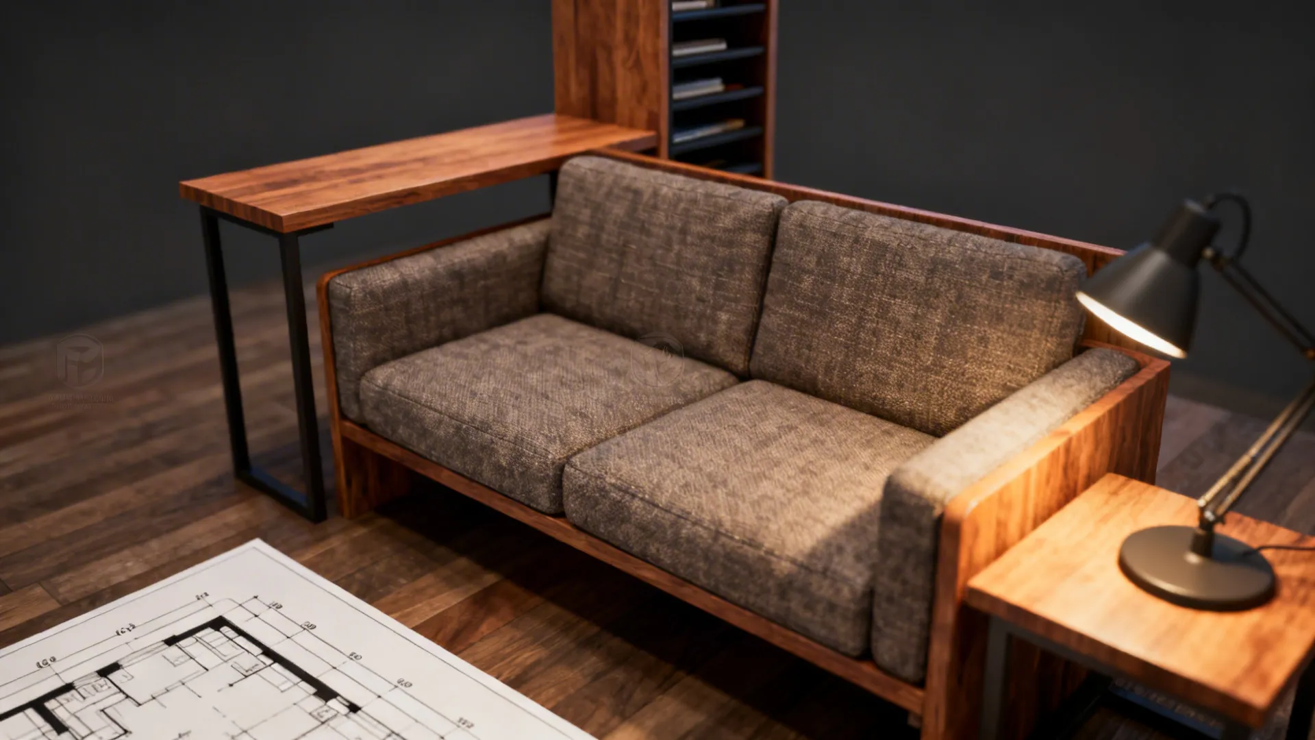 Close-up of compact loveseat, console desk, and storage, with a floor plan showing measurements to convey scale.