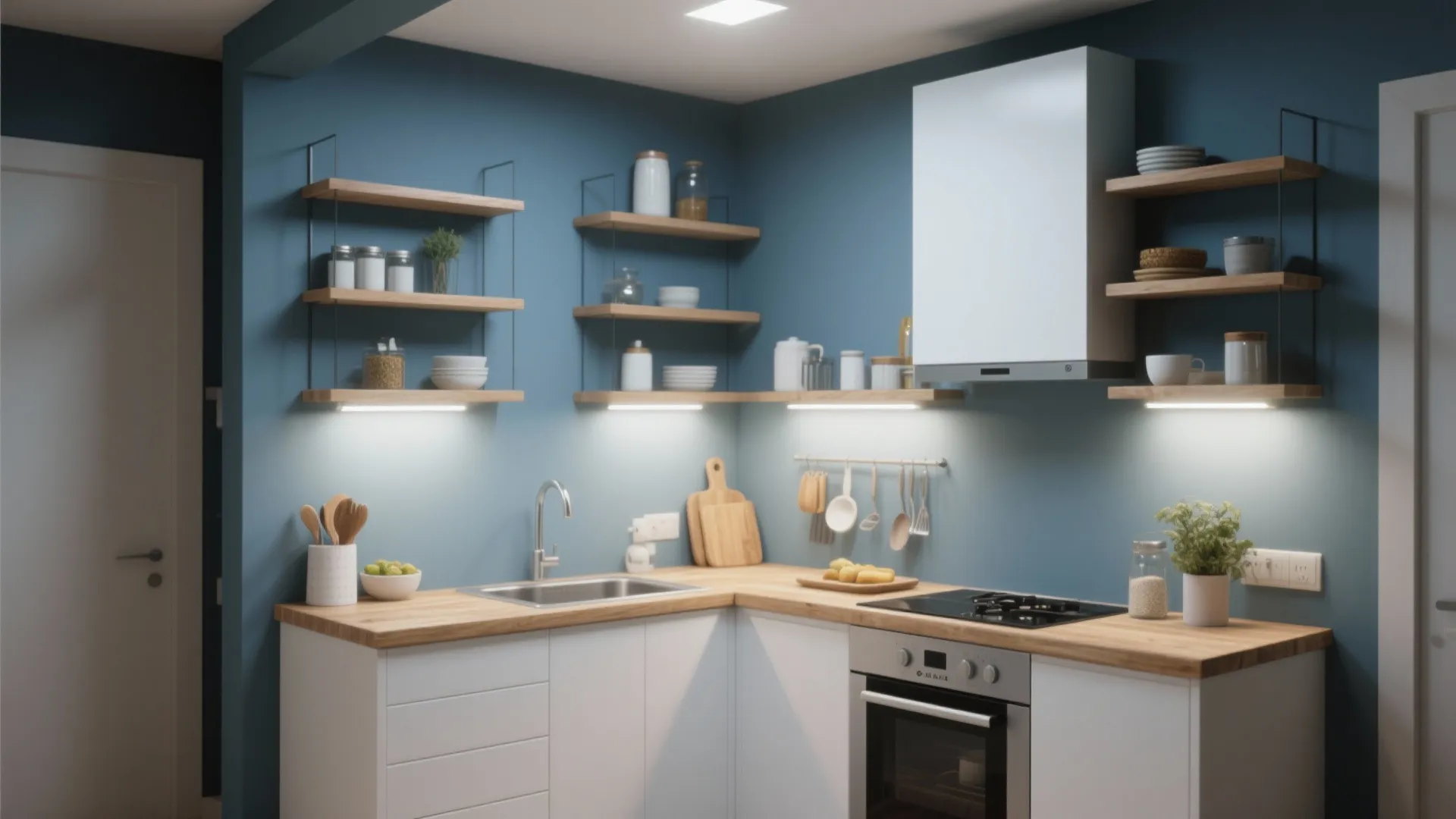 Small kitchen with blue walls white cabinets wooden countertops open shelving and a silver kitchen oven